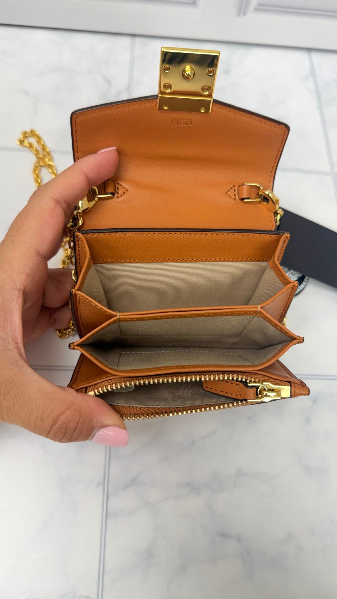 MCM Cognac Visetos Mini Tracy Chain Wallet 