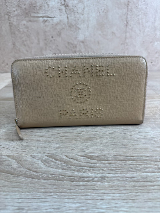 Chanel Beige Caviar Caviar Studded Deauville Zippy Long Wallet 