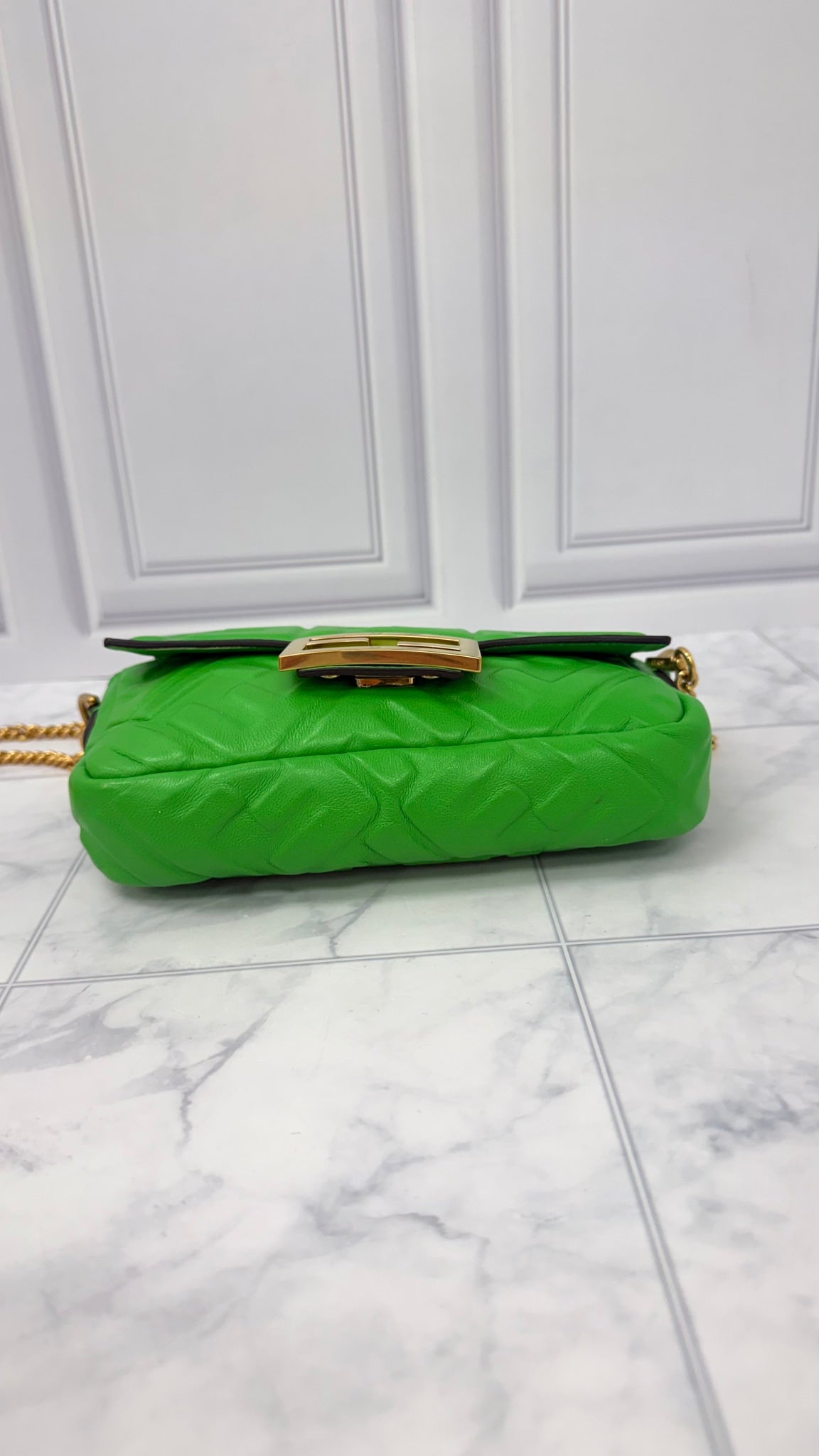 BRAND NEW - Fendi Green Leather Embossed Mini Baguette Chain Crossbody Bag 