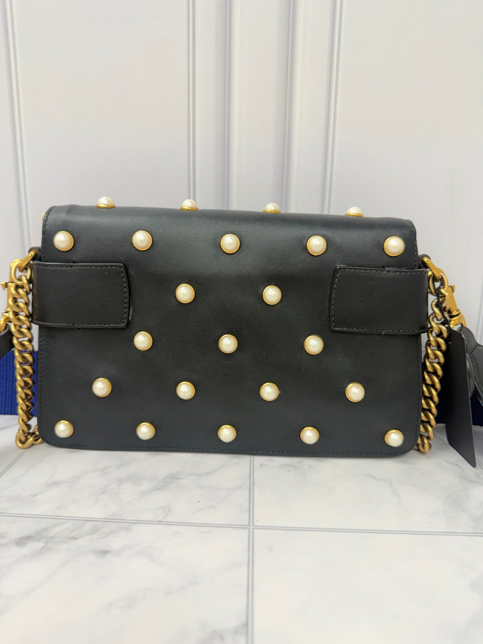 Gucci Black Calfskin Leather Pearl Studded Queen Margaret Bee Mini Shoulder Bag 