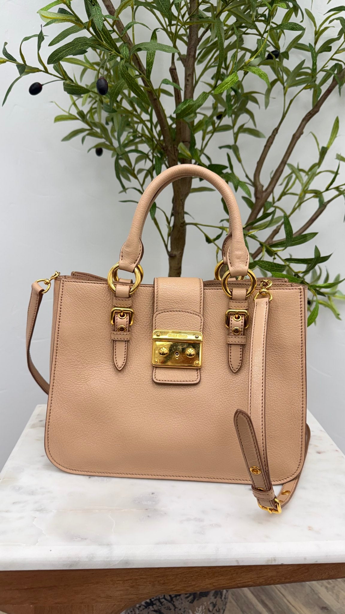 Miu Miu Nude Grained Leather Madras 2Way Handbag 