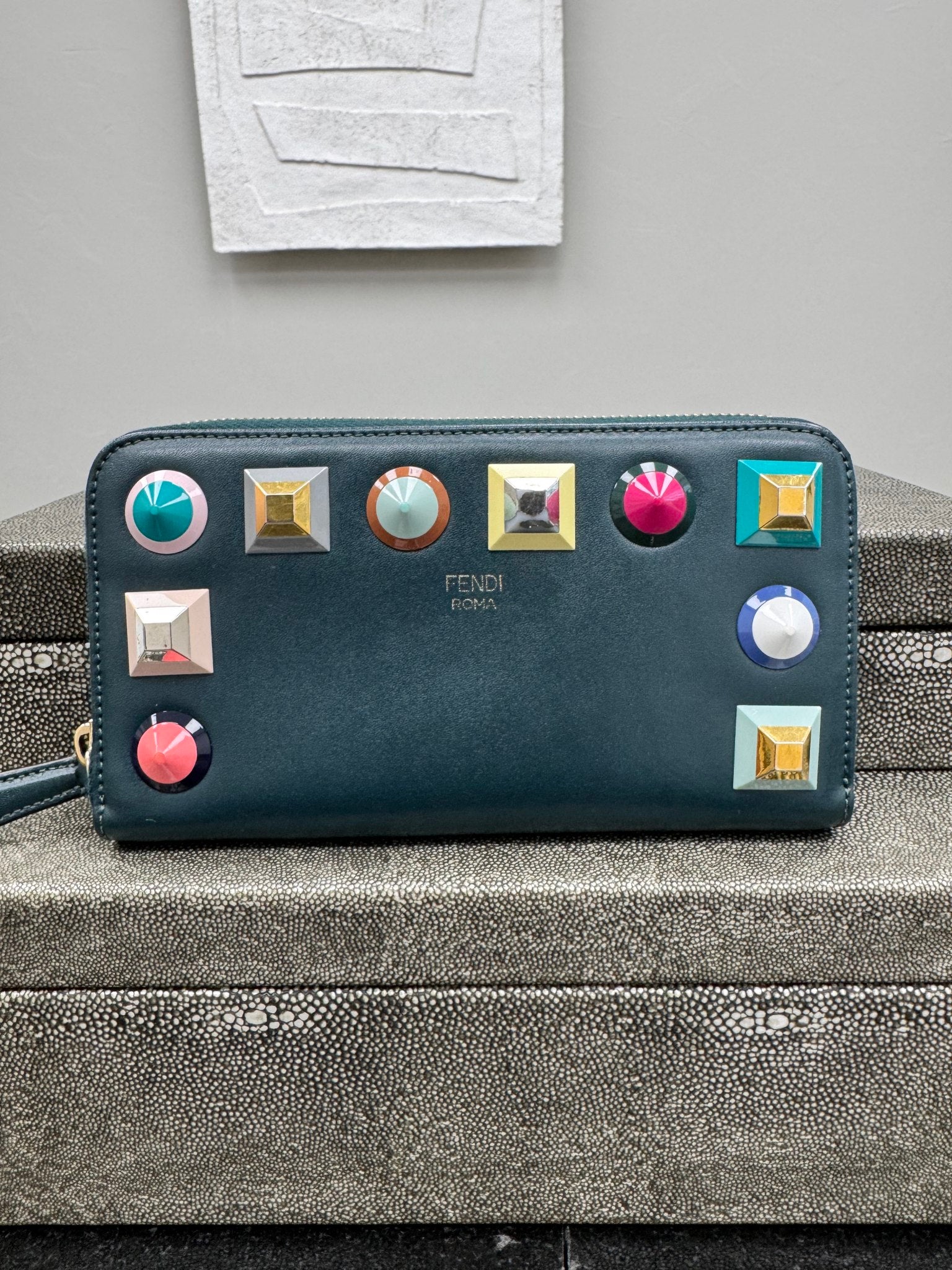 Fendi Green Studded Long Zippy Wallet