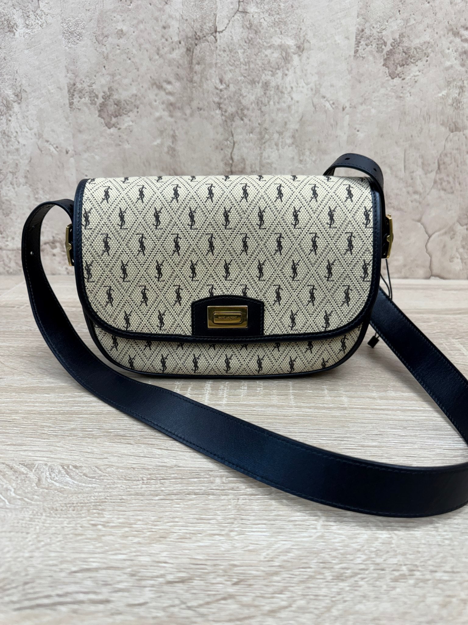BRAND NEW- Saint Laurent YSL Cream & Navy Monogram All Over Medium Satchel Bag