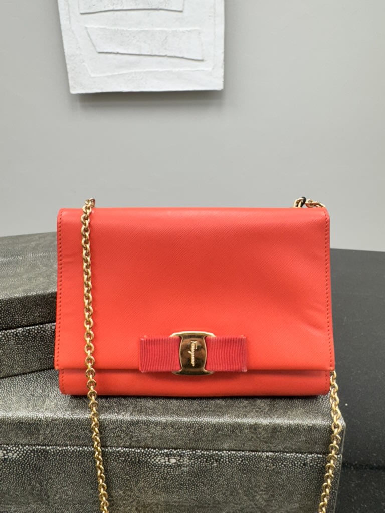 Salvatore Ferragamo Orange Saffiano Leather Chain Shoulder Flap Bag