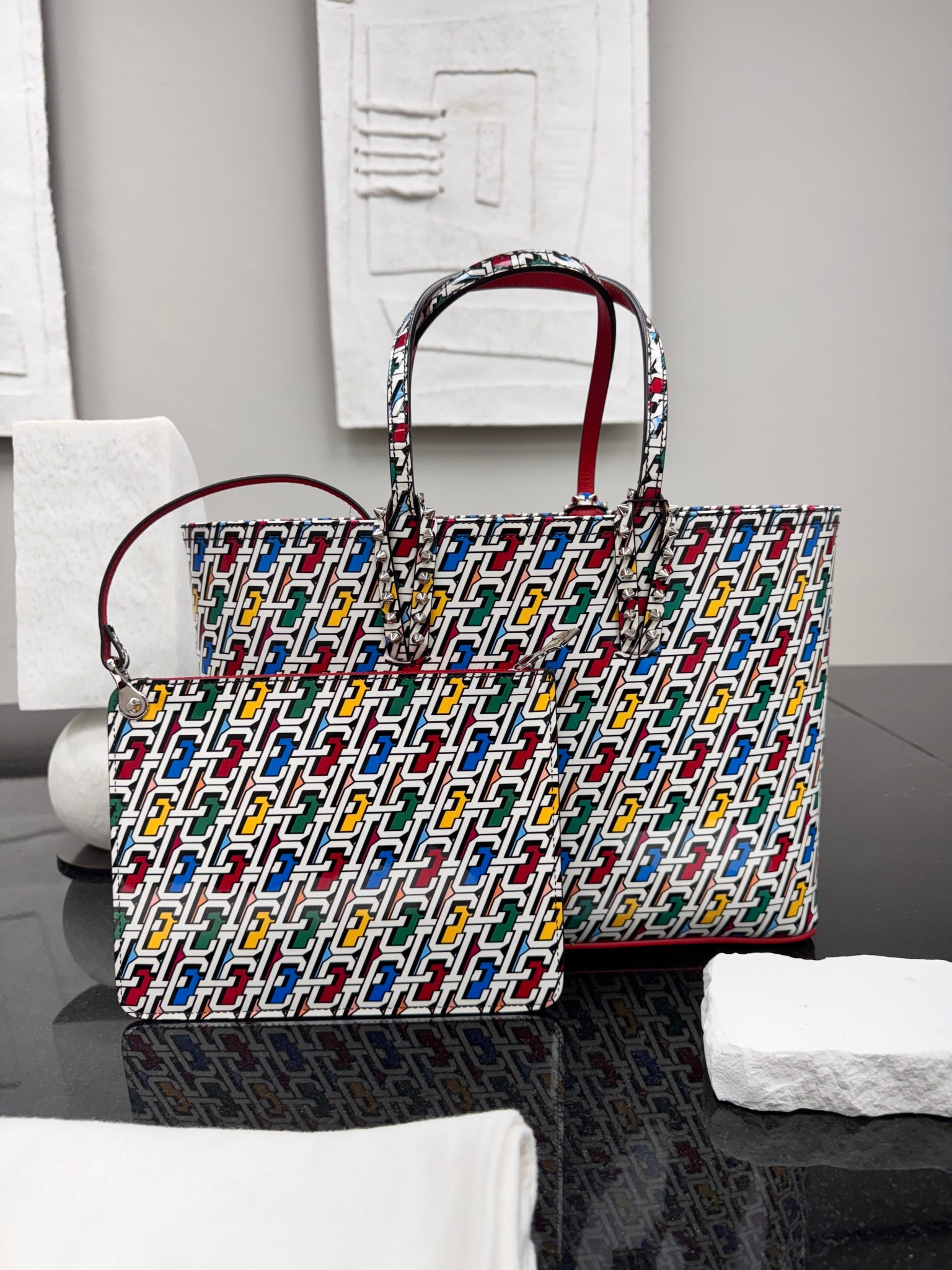 Christian Louboutin Multicolor Printed Patent Leather Cabata Small Tote Bag