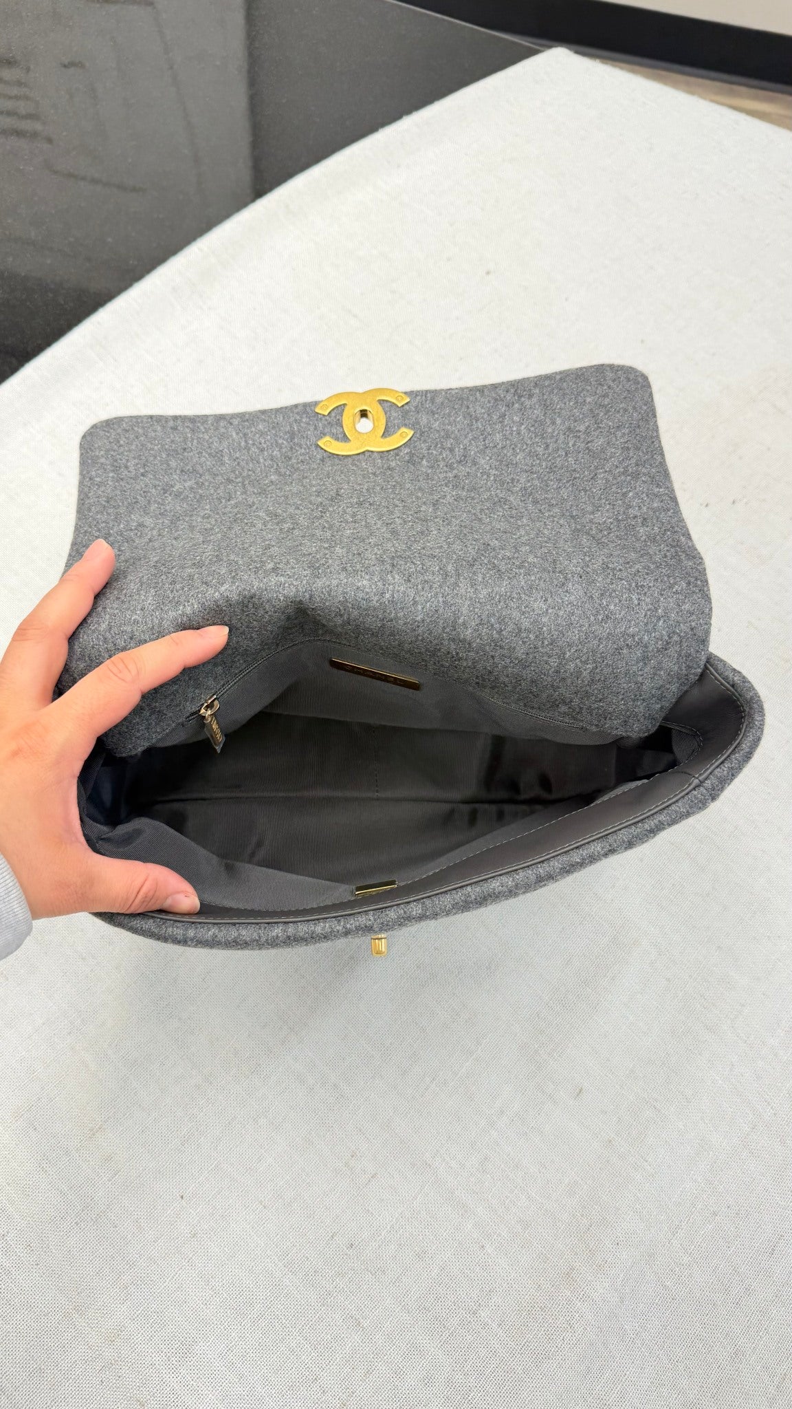 BRAND NEW - Chanel Grey Wool Medium Chanel  19 Flap Bag 