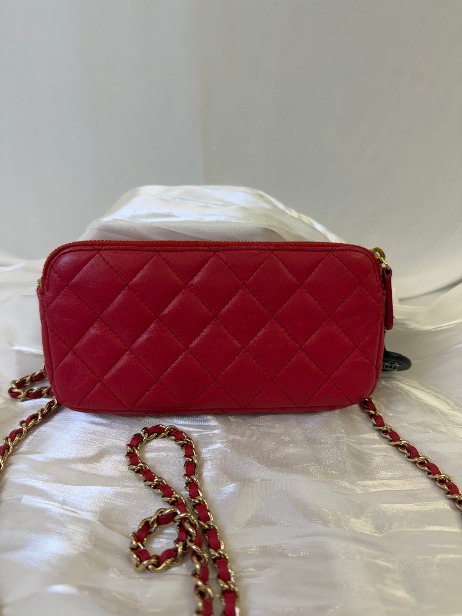 Chanel Red Lambskin Double Zippy Wallet On Chain