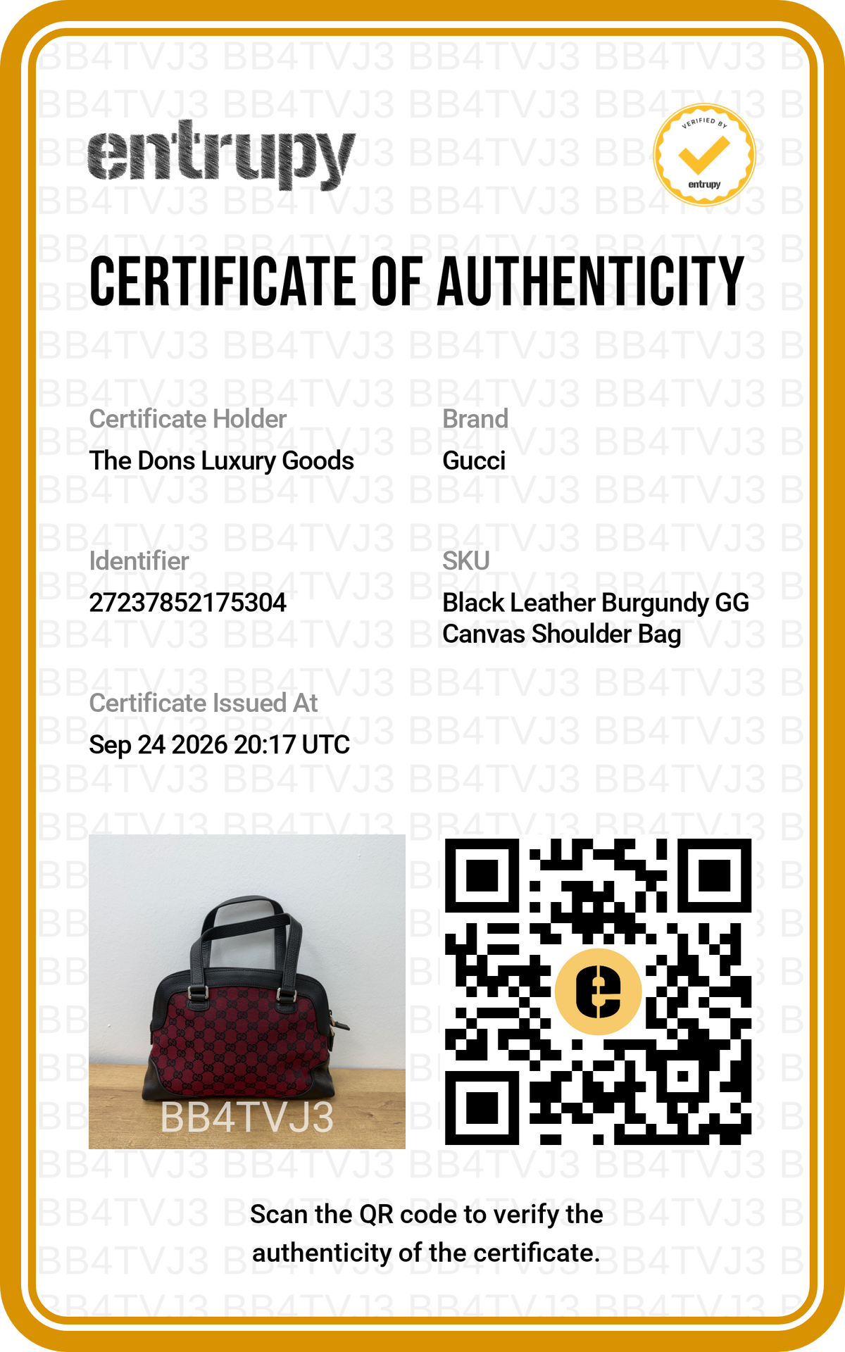 Entrupy certificate