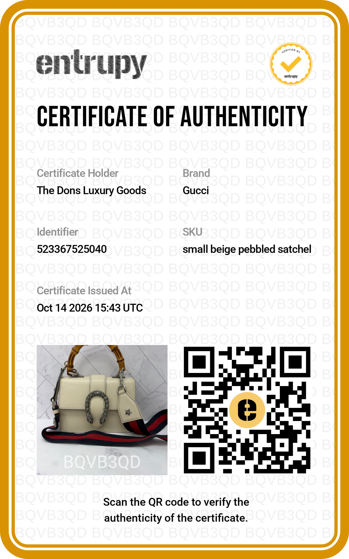 Entrupy certificate