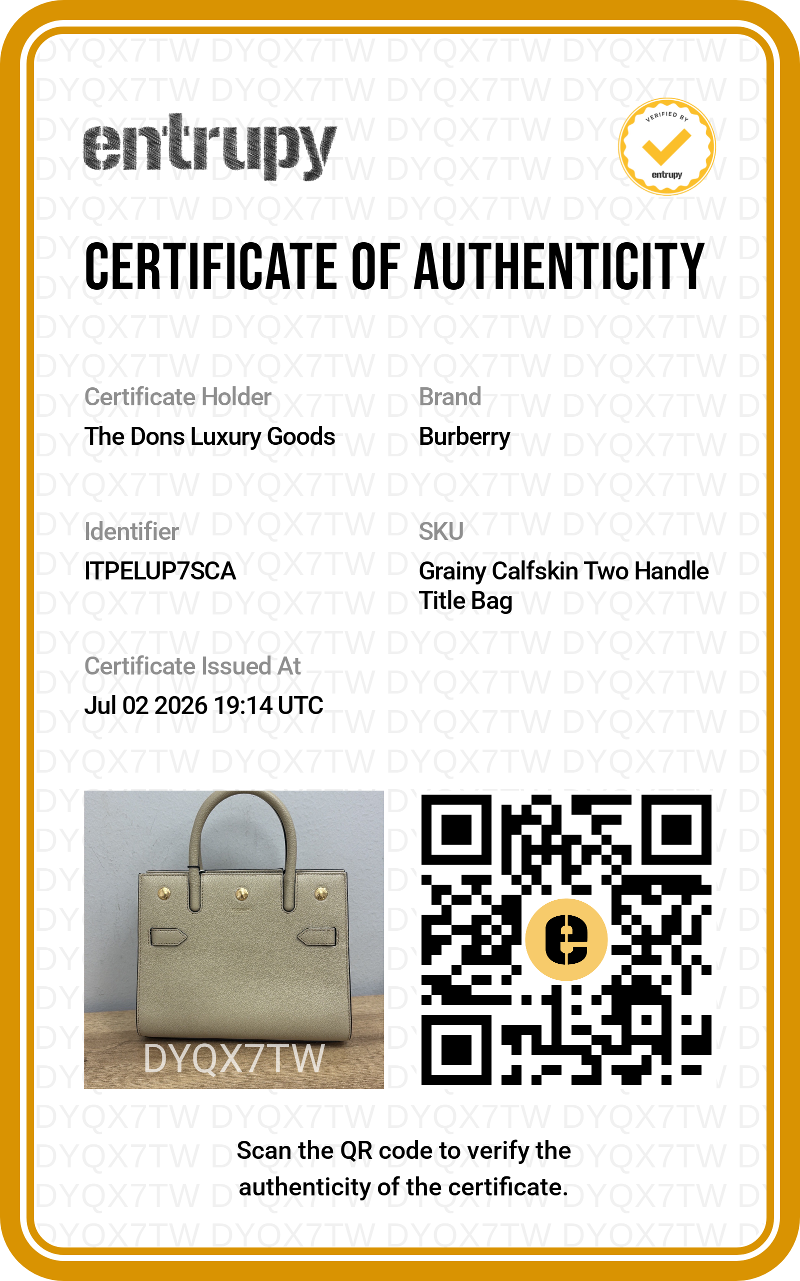 Entrupy certificate