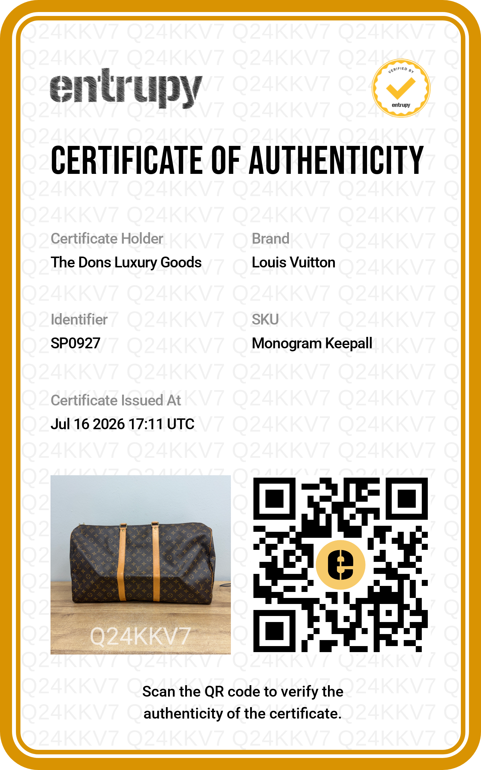 Entrupy certificate