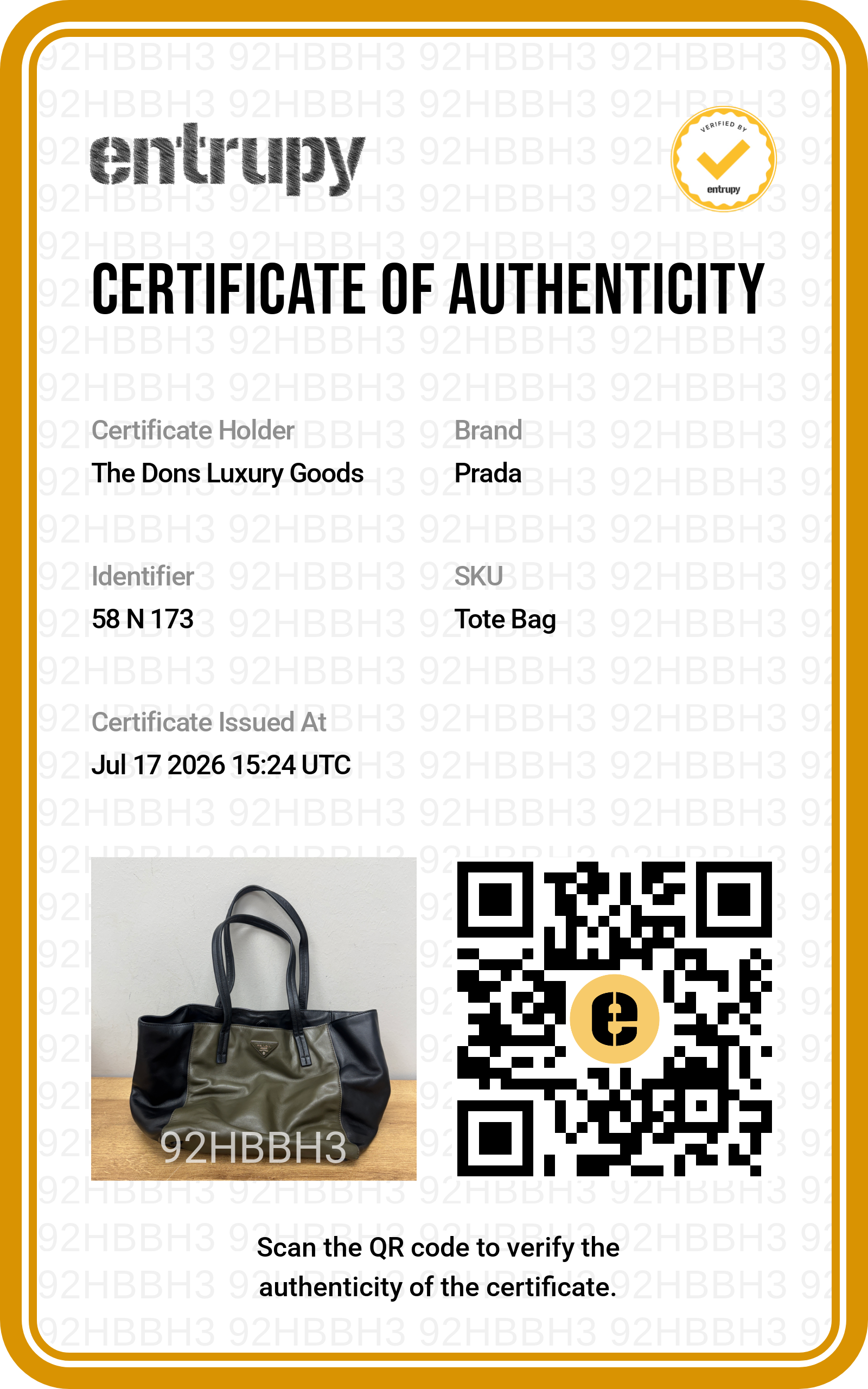 Entrupy certificate