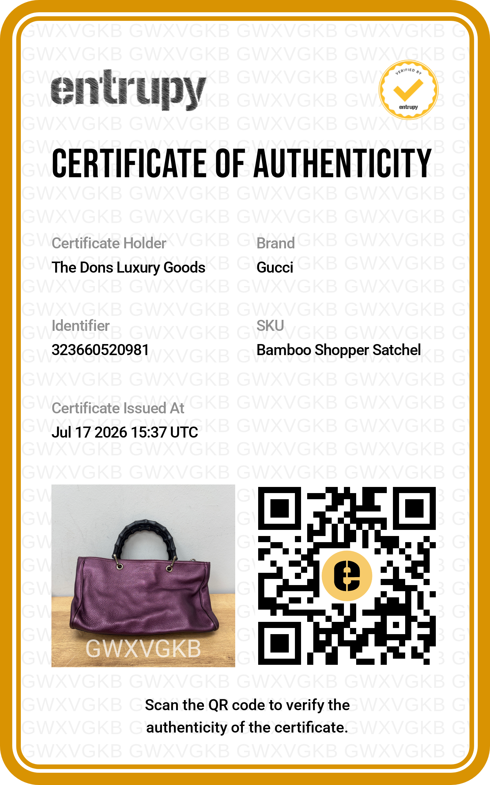 Entrupy certificate