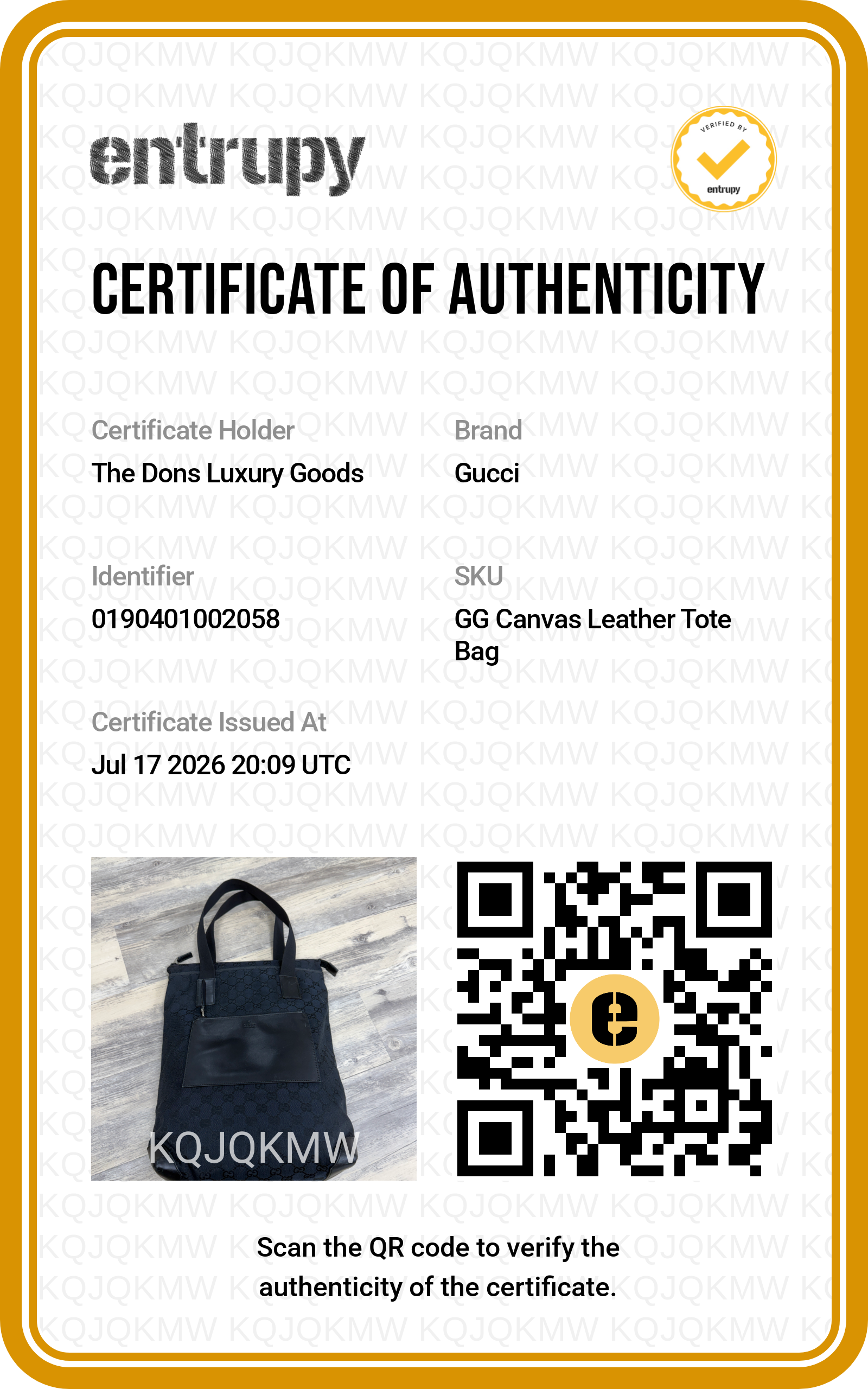 Entrupy certificate