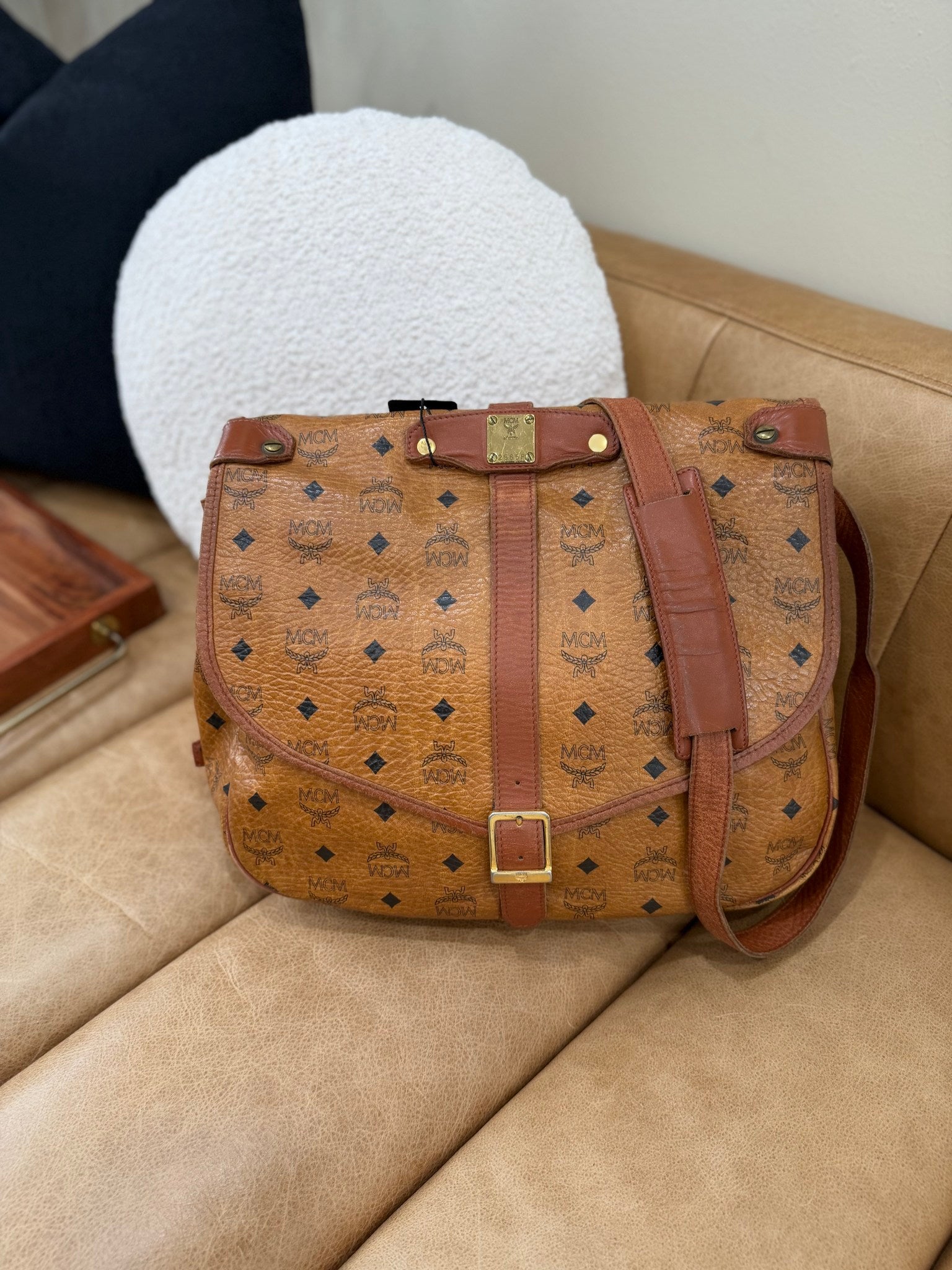 MCM Cognac Visetos Leather Messenger Bag