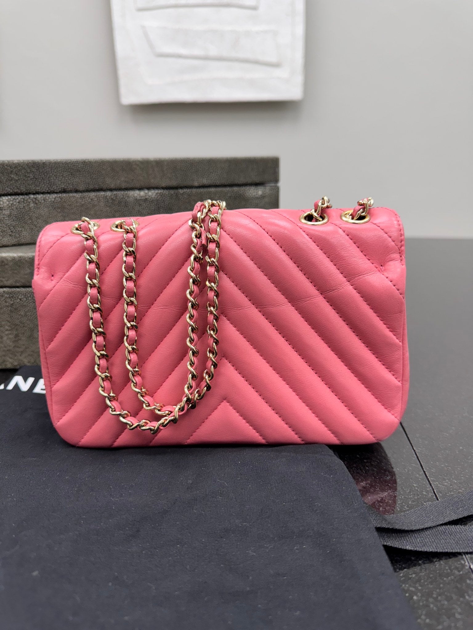 Chanel Pink Chevron Quilted Leather Chain Flap Bag