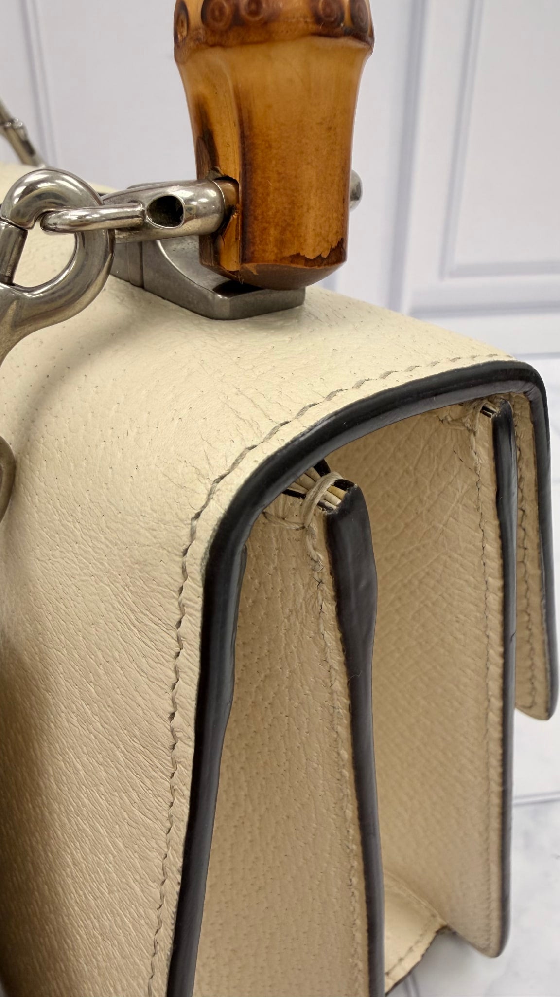 Gucci Ivory Grained Calfskin Leather Mini Dionysus Bamboo Top Handle Bag