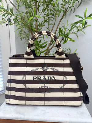 Prada Brown And Cream Canvas Canapa Striped Medium Tote Bag