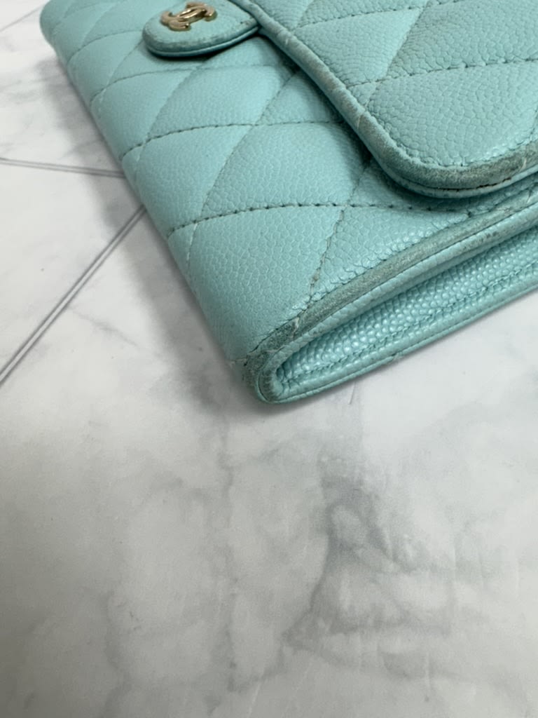 Chanel Light Blue Diamond Quilted Caviar Leather Classic Flap Long Wallet
