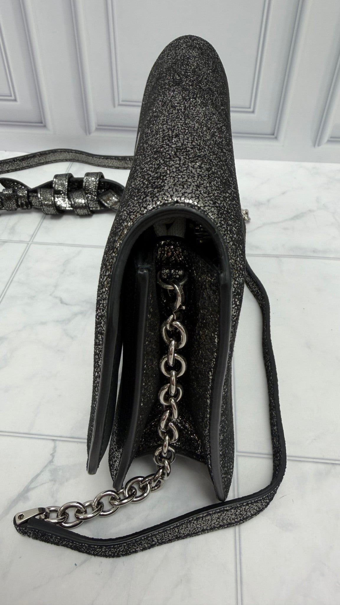 Salvatore Ferragamo Black Crinkled Metallic Leather Clutch Crossbody