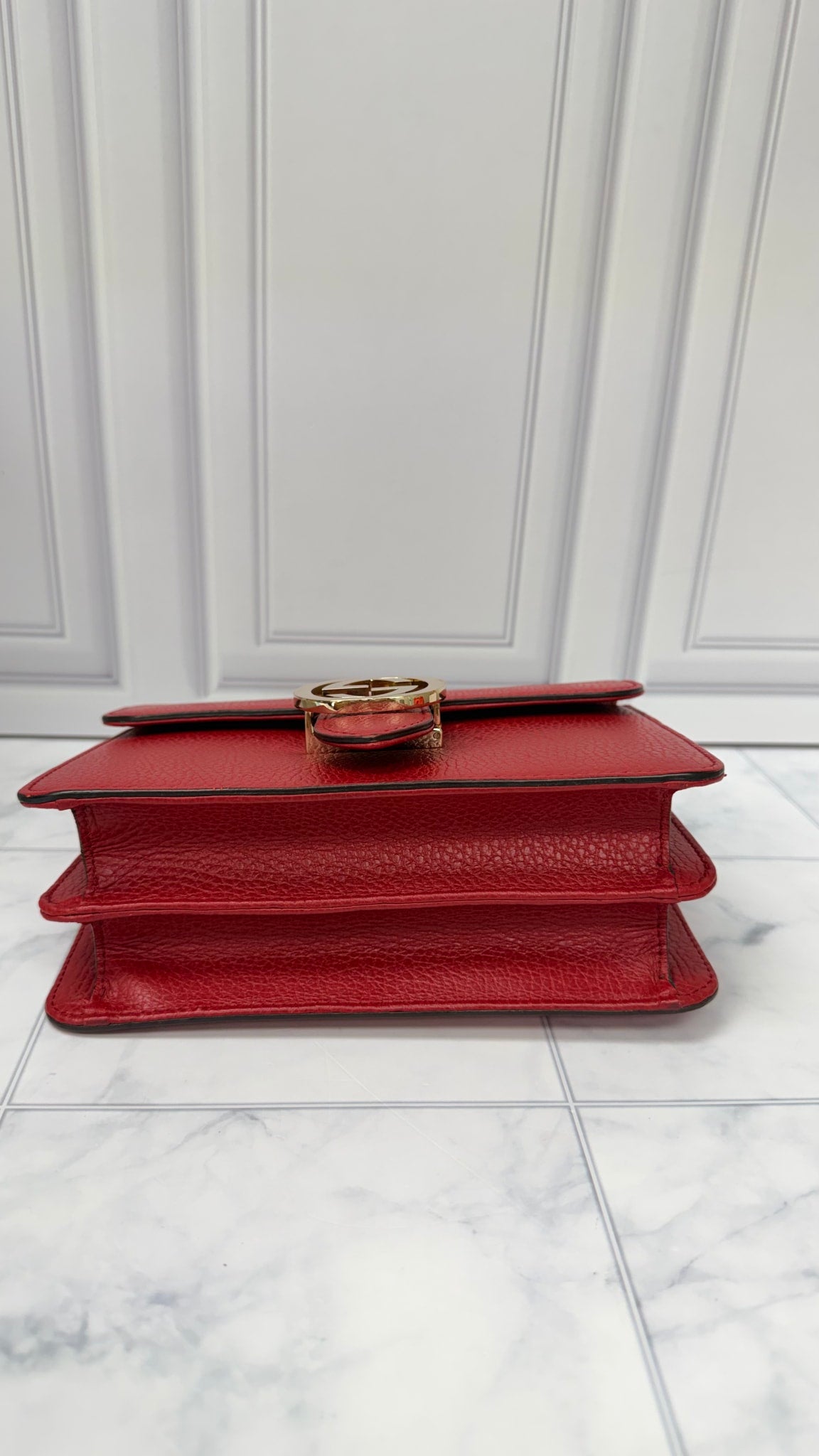 Gucci Red Grained Leather Interlocking G Small Shoulder Bag