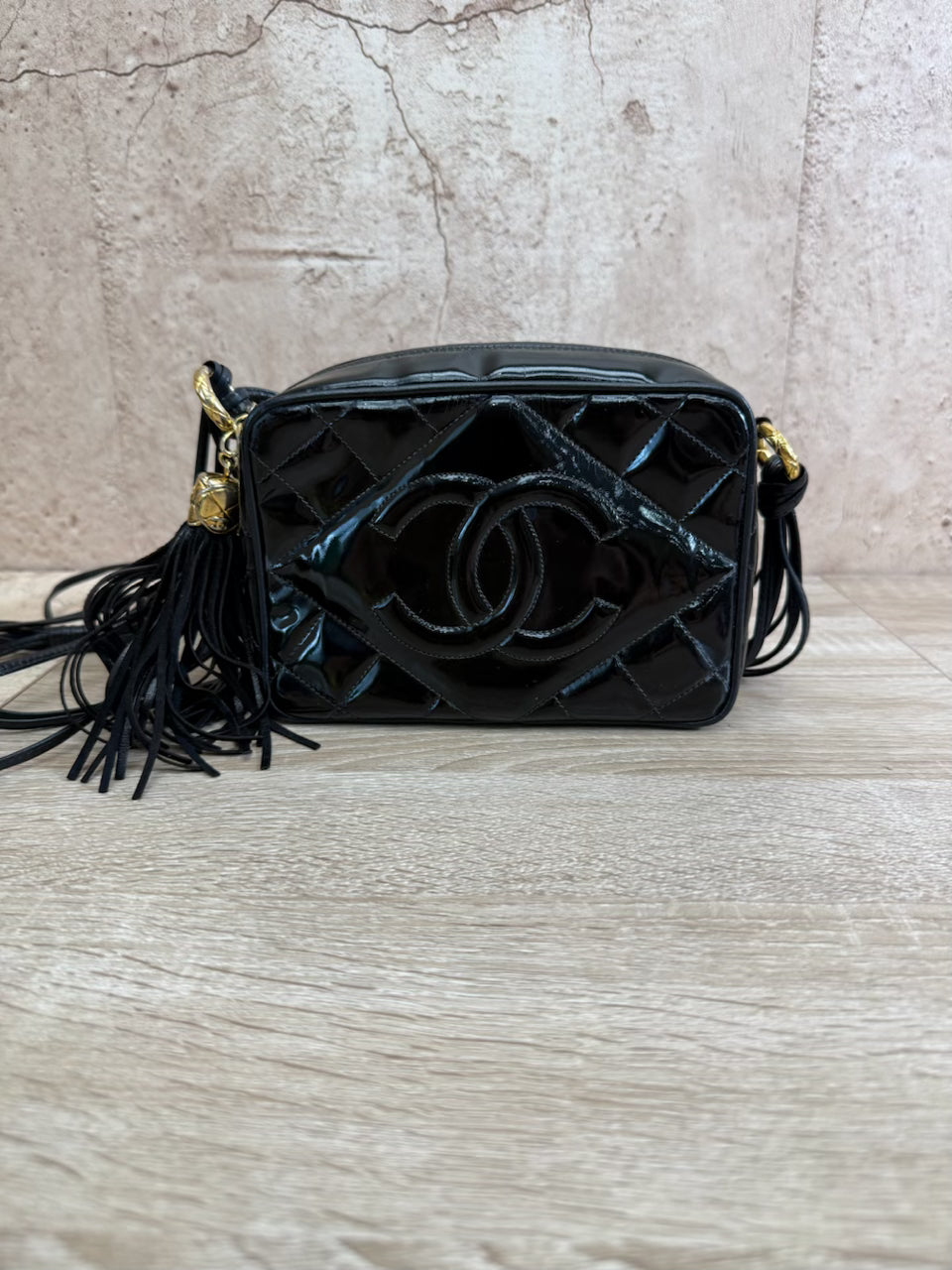 Chanel Black Quilted Patent Leather Tassel Camera Bag
