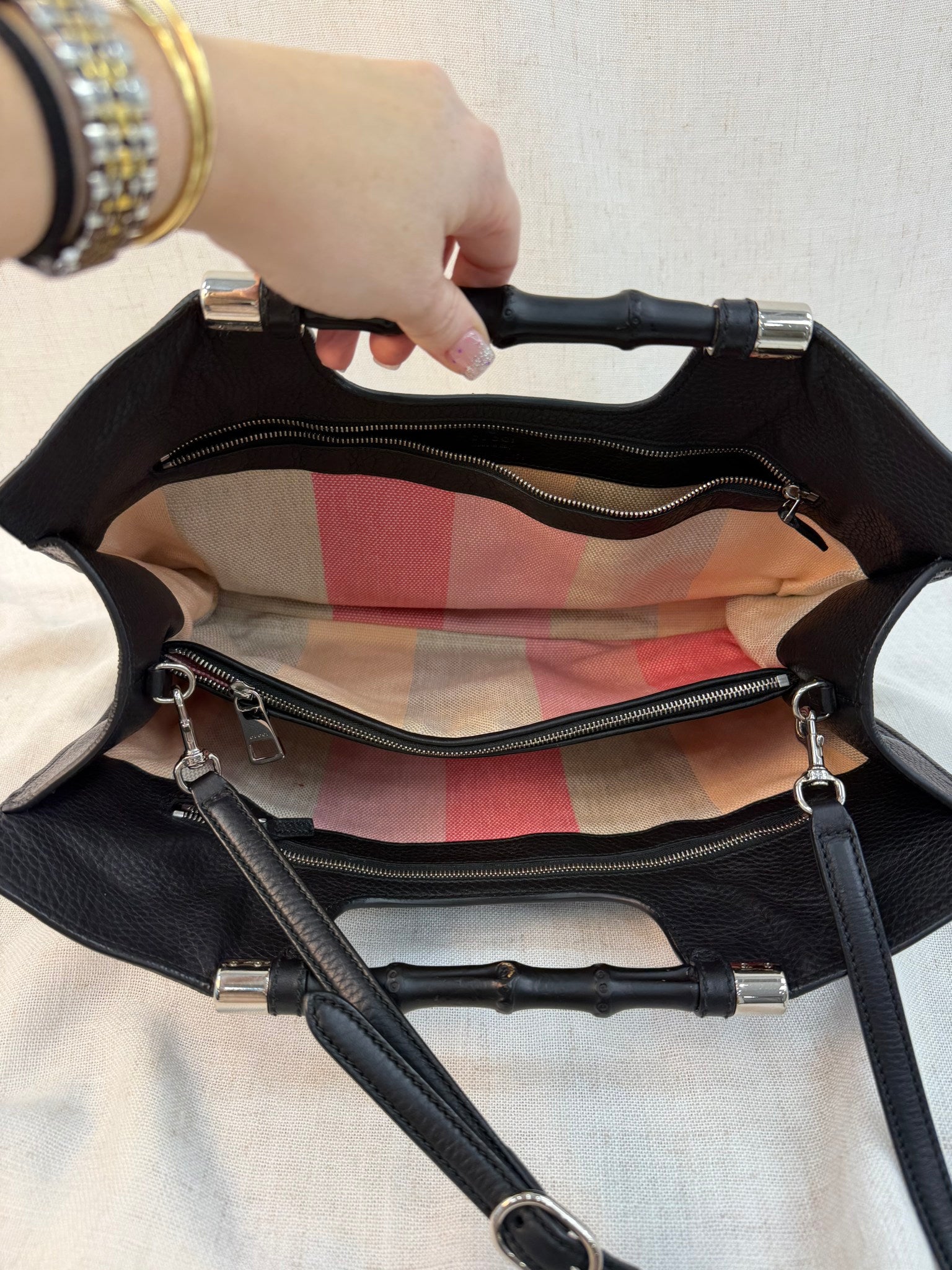 Gucci Black Leather Bamboo Handle Two Way Bag