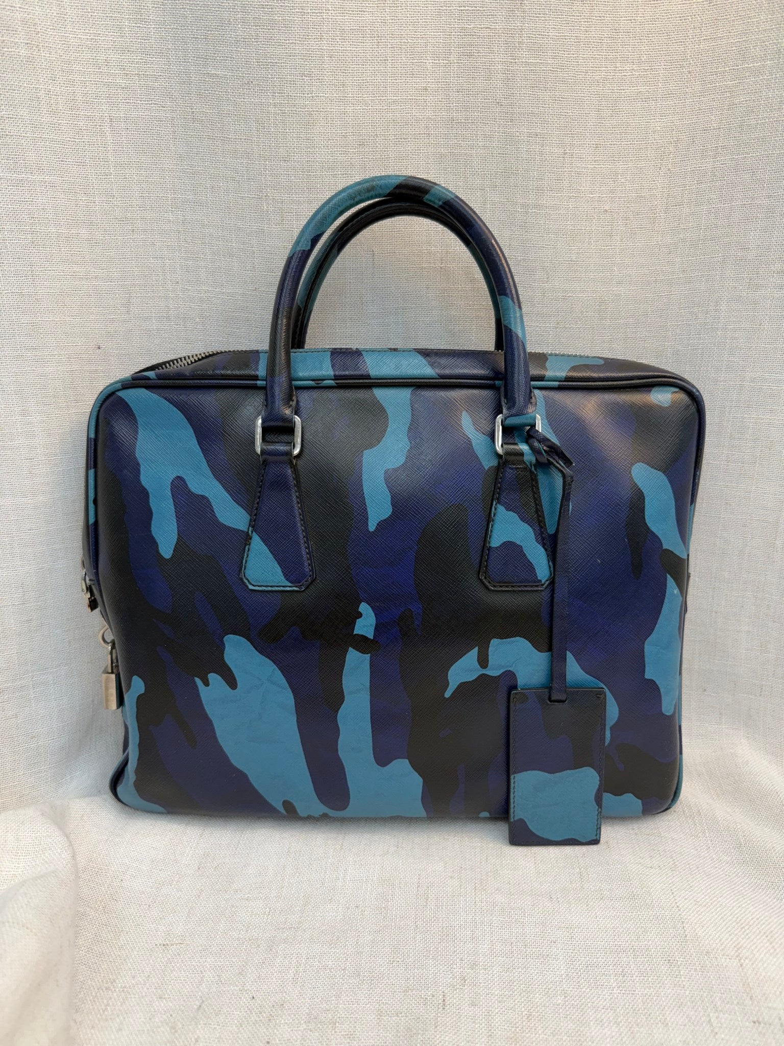 Prada Blue Camo Saffiano Leather Briefcase