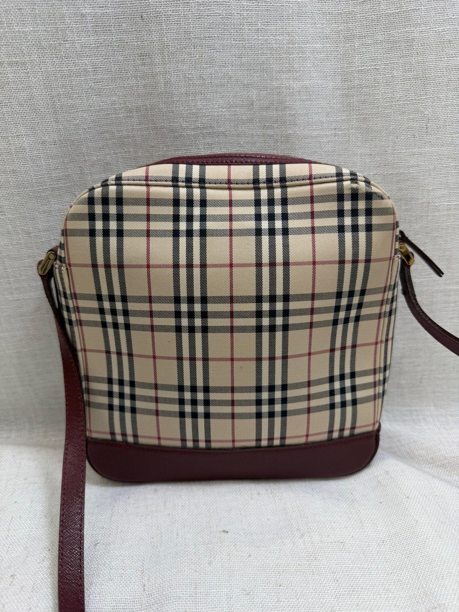 Burberry Burgundy Canvas Nova Check Crossbody Bag