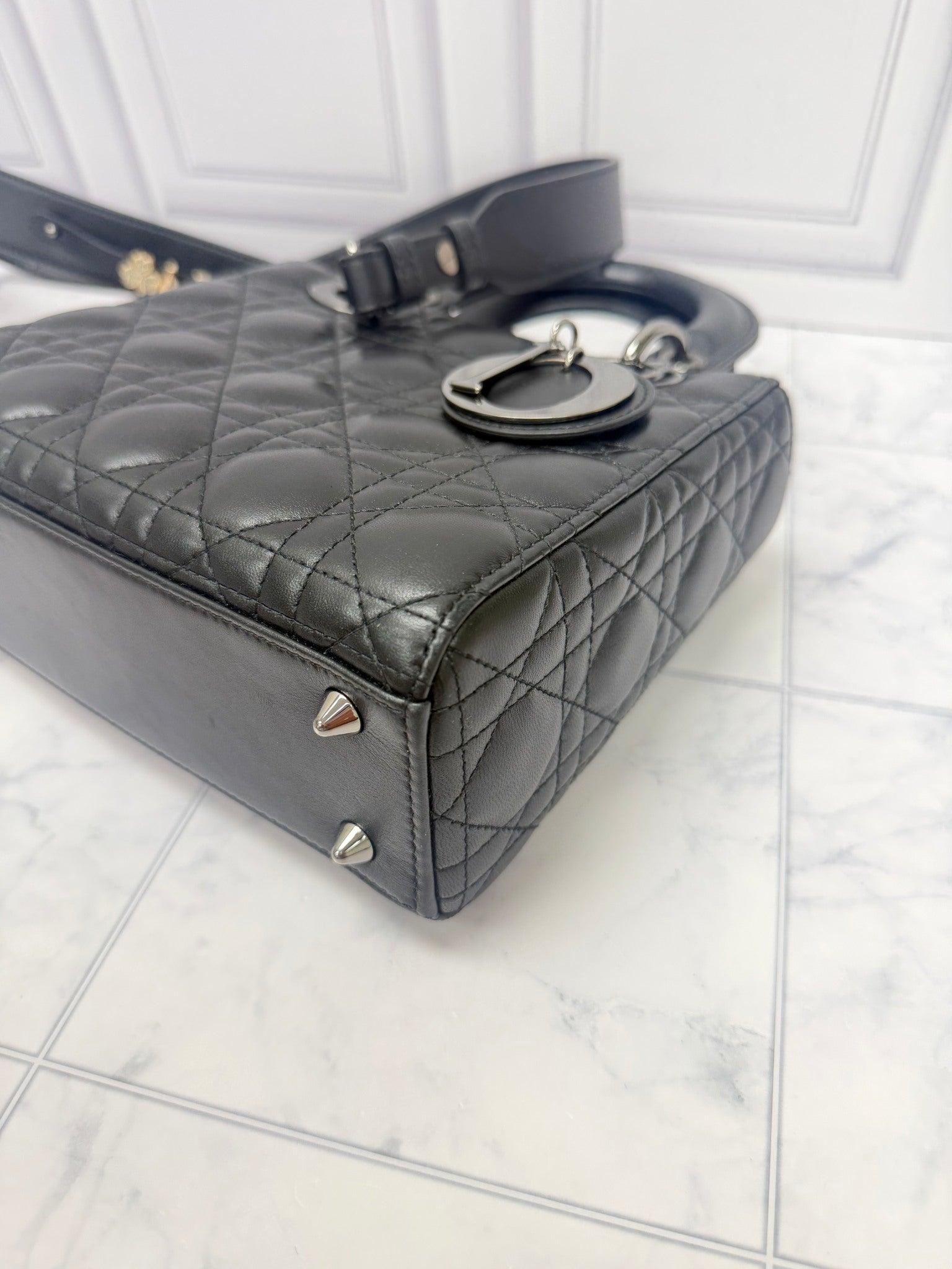 Christian Dior Black Lambskin Leather Small Lady Dior Handbag 