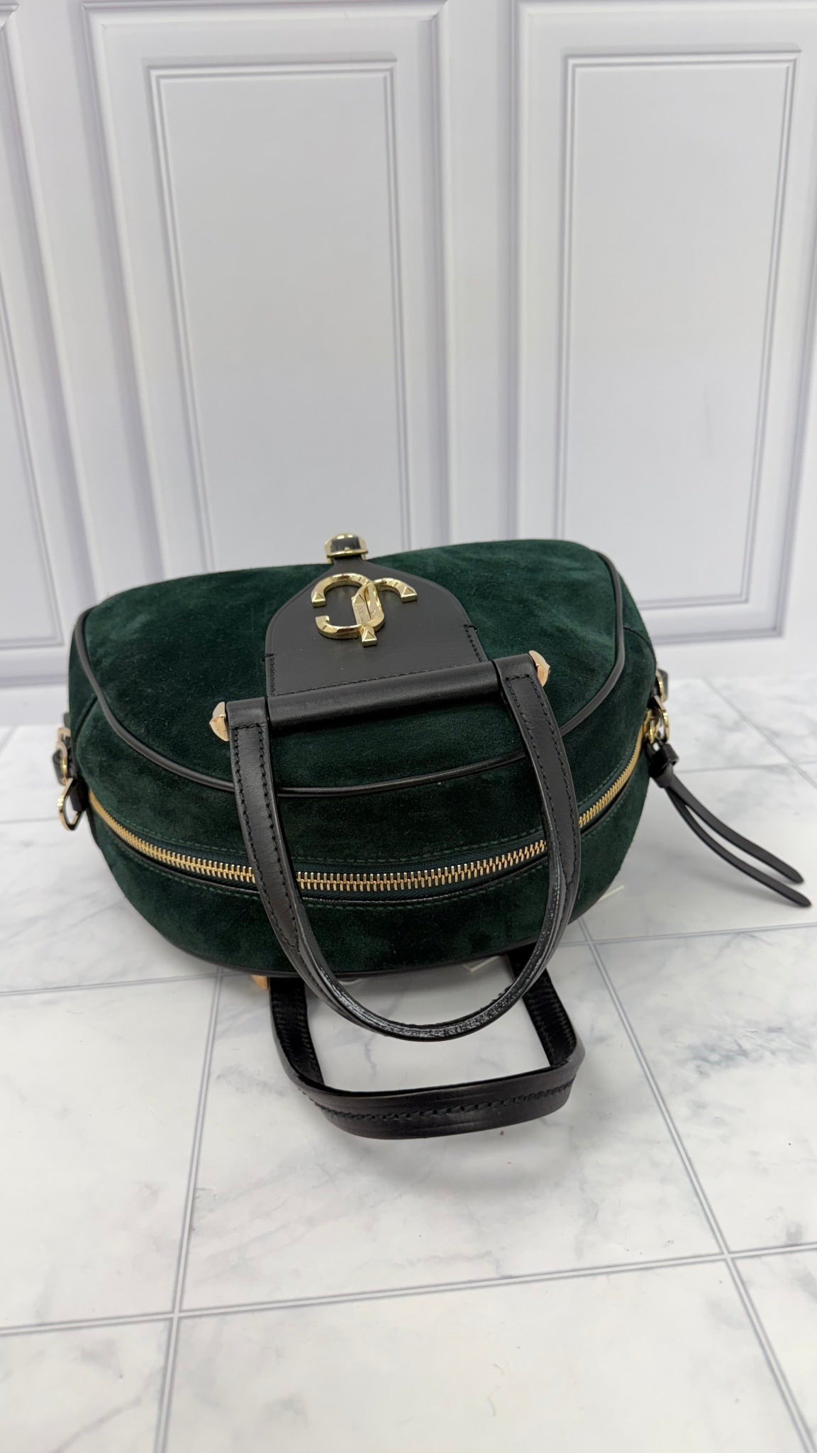 Jimmy Choo Green Suede Leather Varenne Bowling Bag 