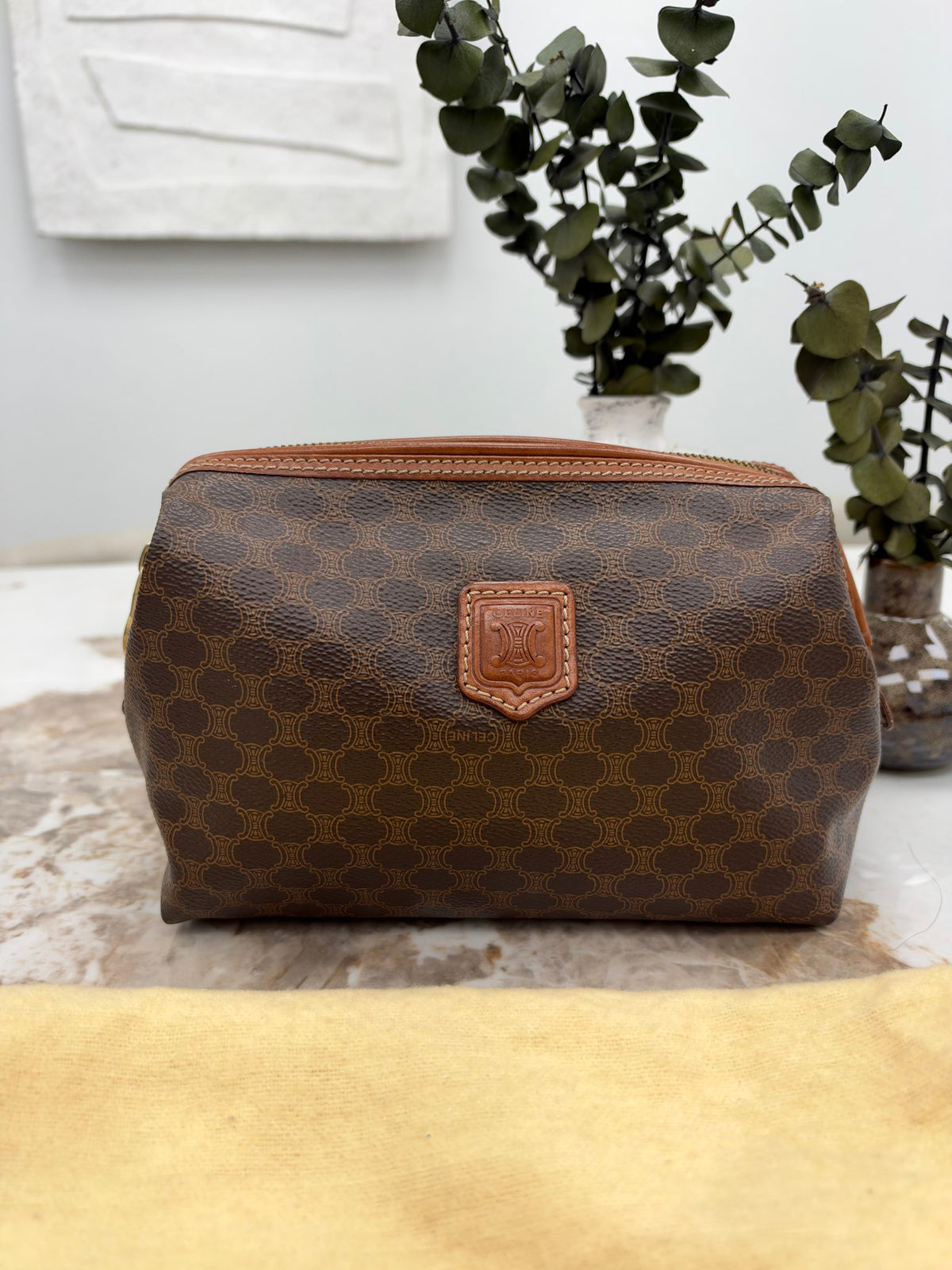 Celine Brown Macadam Coated Canvas Zippy Cosmetic Pouch
