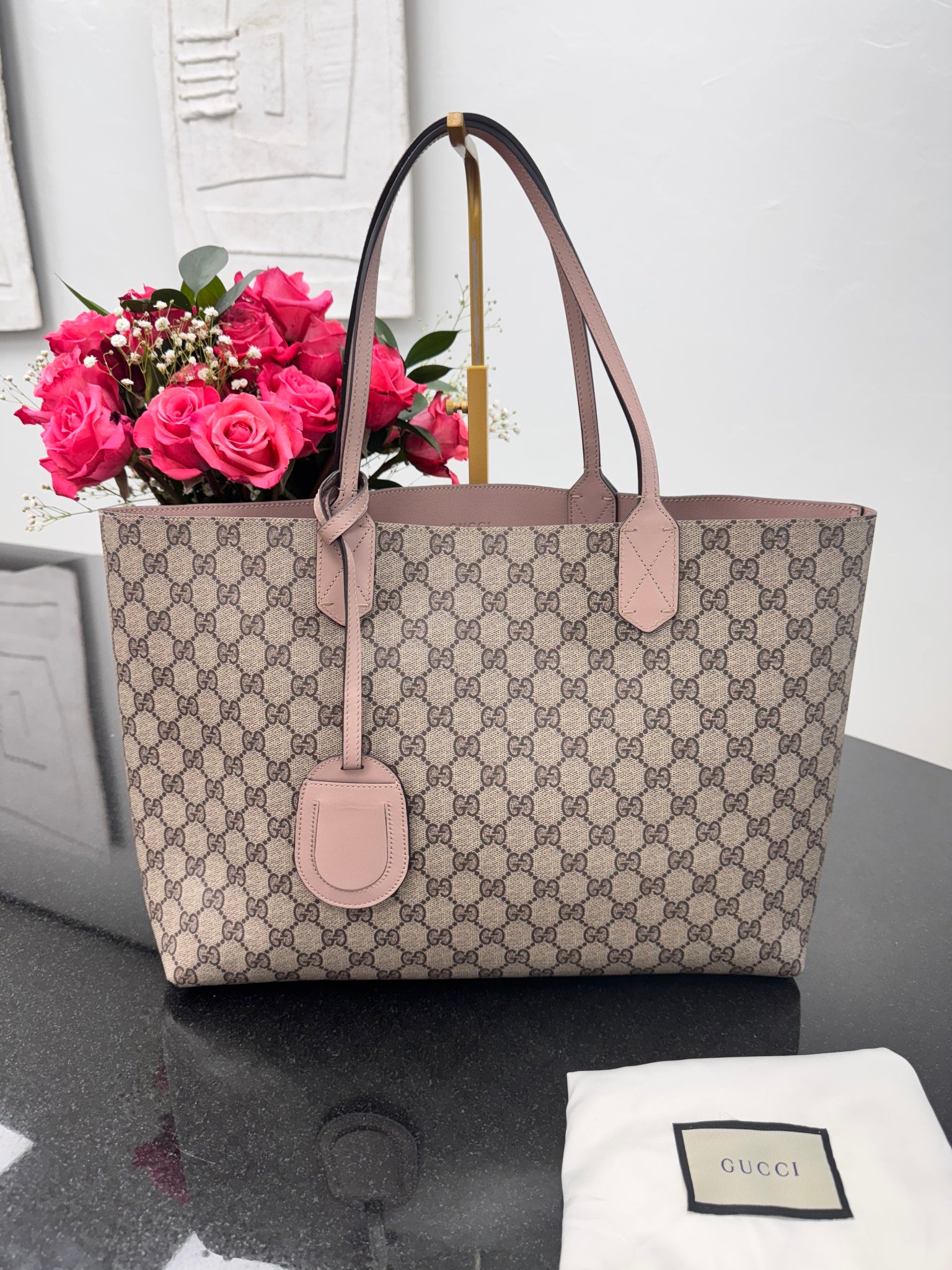 LIKE NEW - Gucci GG Supreme And Pink Large Reversible Tote Bag