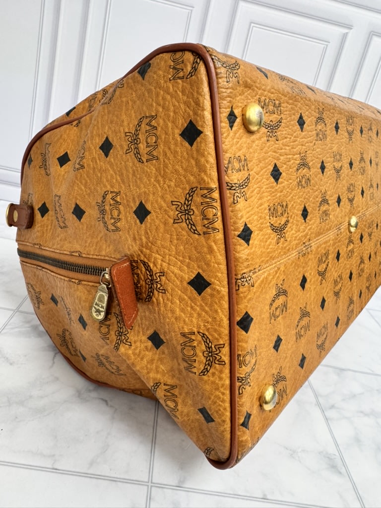 MCM Tan Visetos Leather Boston Bag