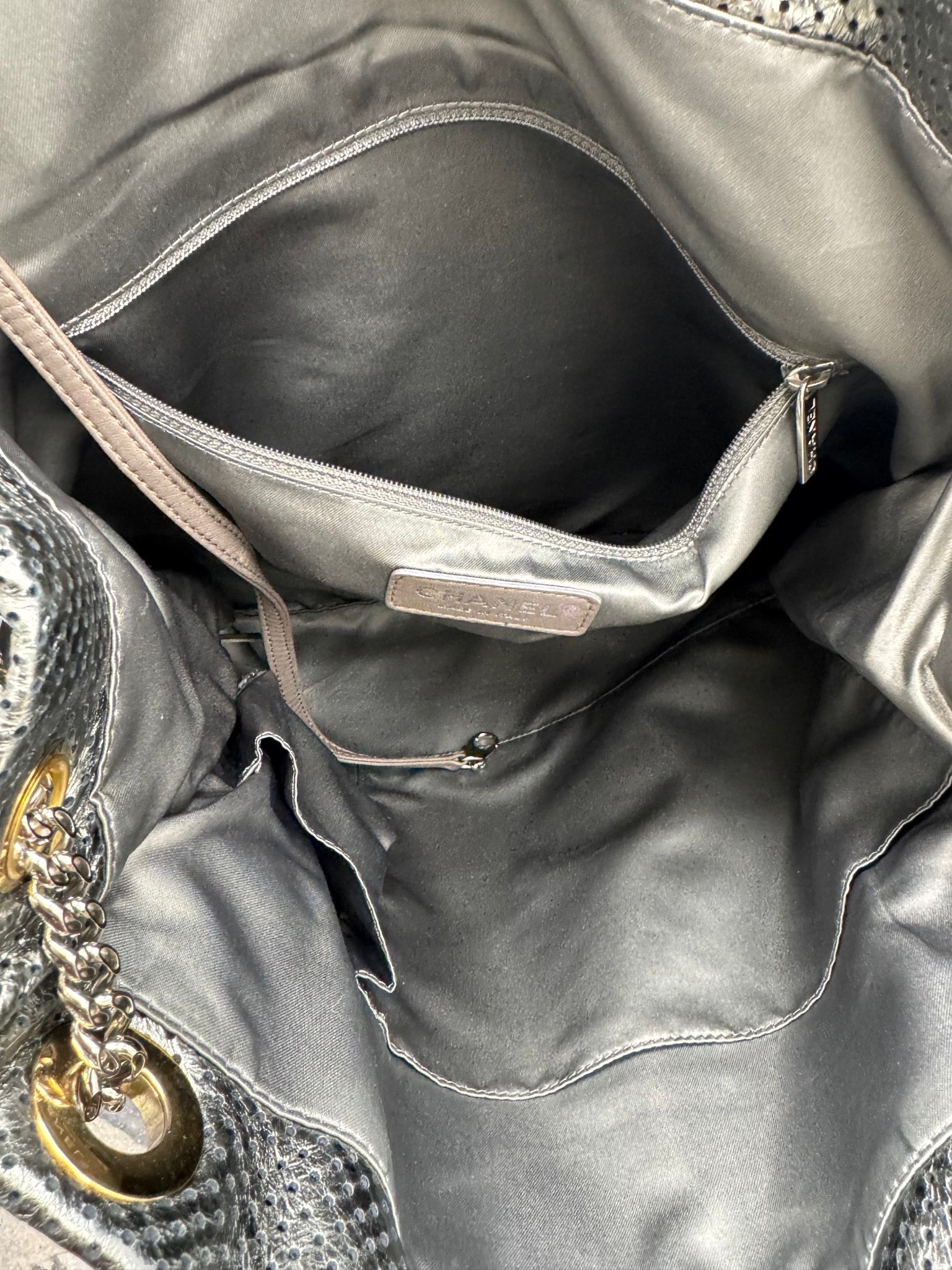 Chanel Metallic Silver Perforated Crackled Calfskin Large Drill Tote Bag