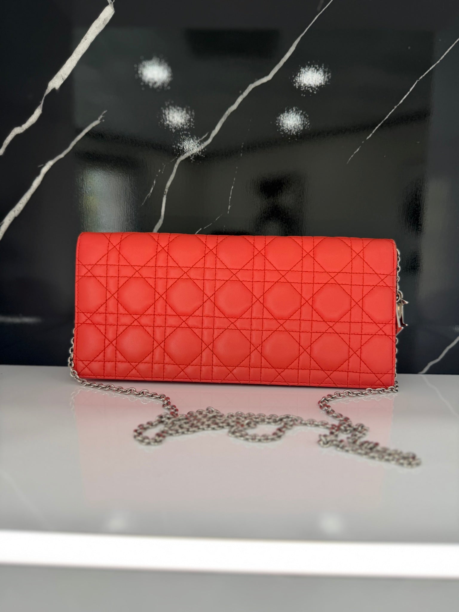 Christian Dior Coral Cannage Leather Lady Dior Chain Clutch 