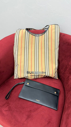 BRAND NEW: Burberry Black Leather & Nova Check Canvas Foldable Tote & Clutch