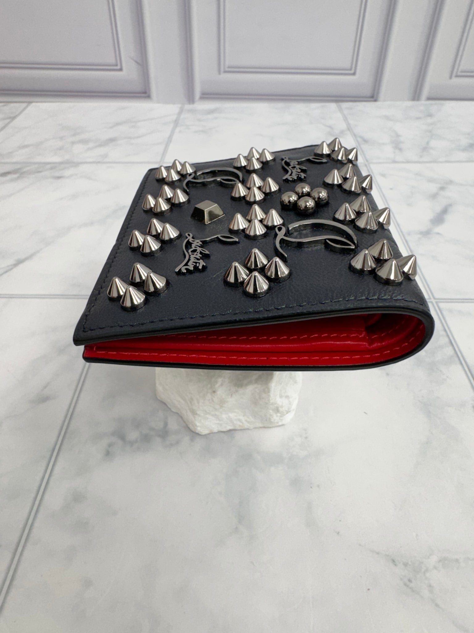 Christian Louboutin Iridescent Black Studded Leather Compact Bifold Wallet