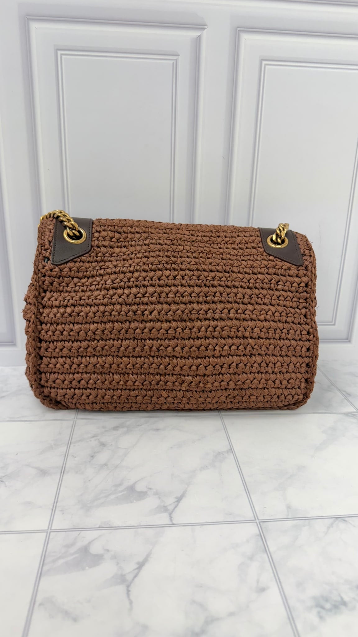 Saint Laurent YSL Brown Raffia Niki Medium Shoulder Bag 