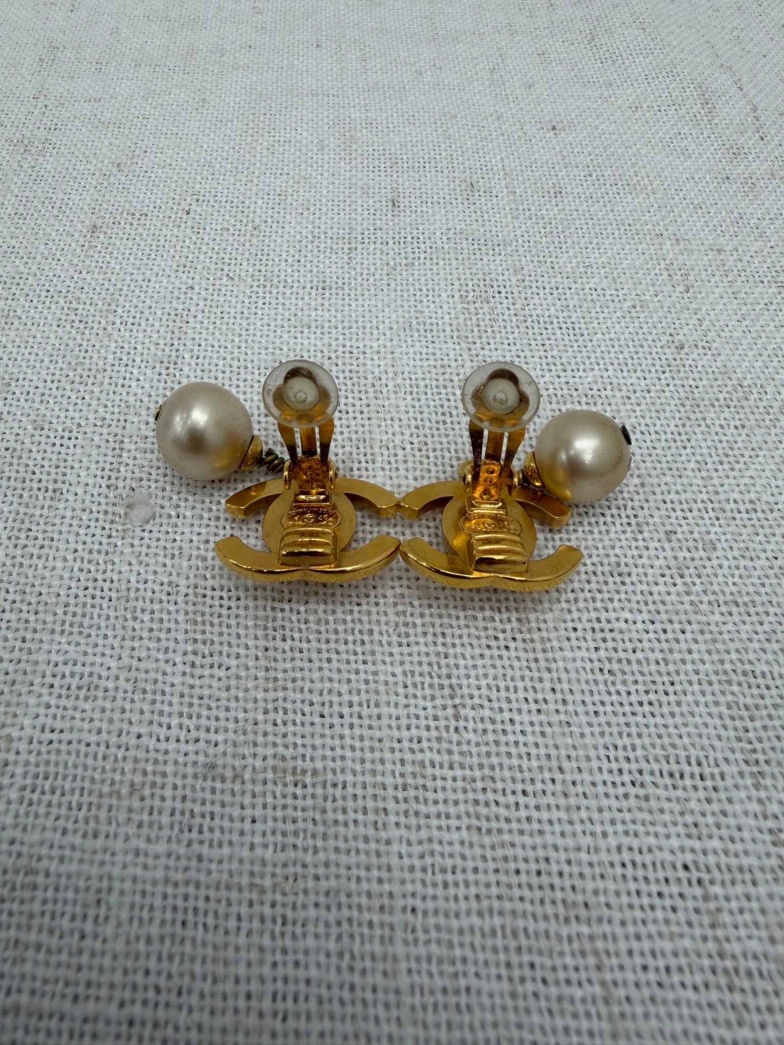 Chanel Vintage Gold Tone & Faux Pearl Turn Lock Clip On Earrings