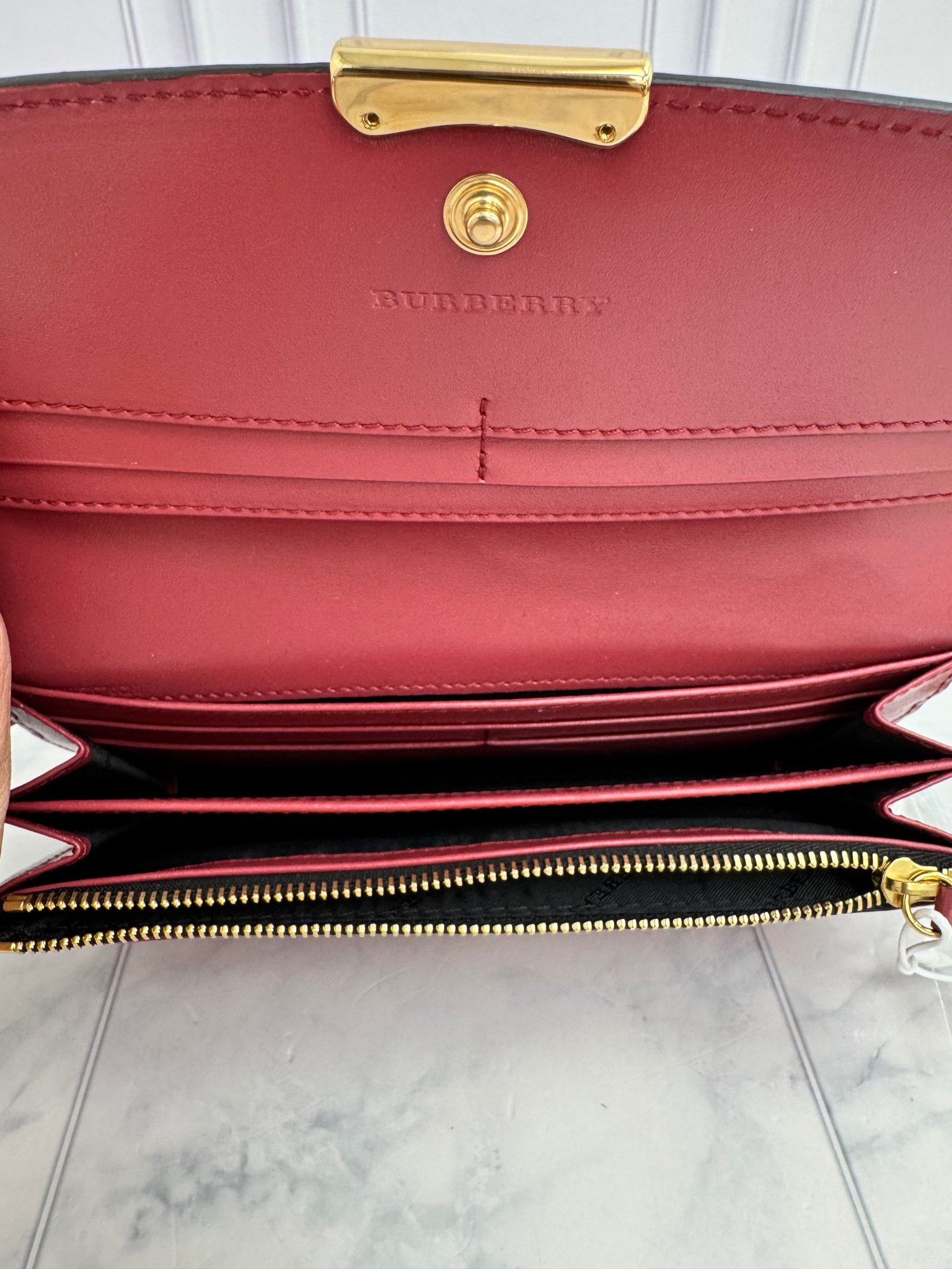 Burberry Burgundy Embossed Check Leather Porter Long Wallet