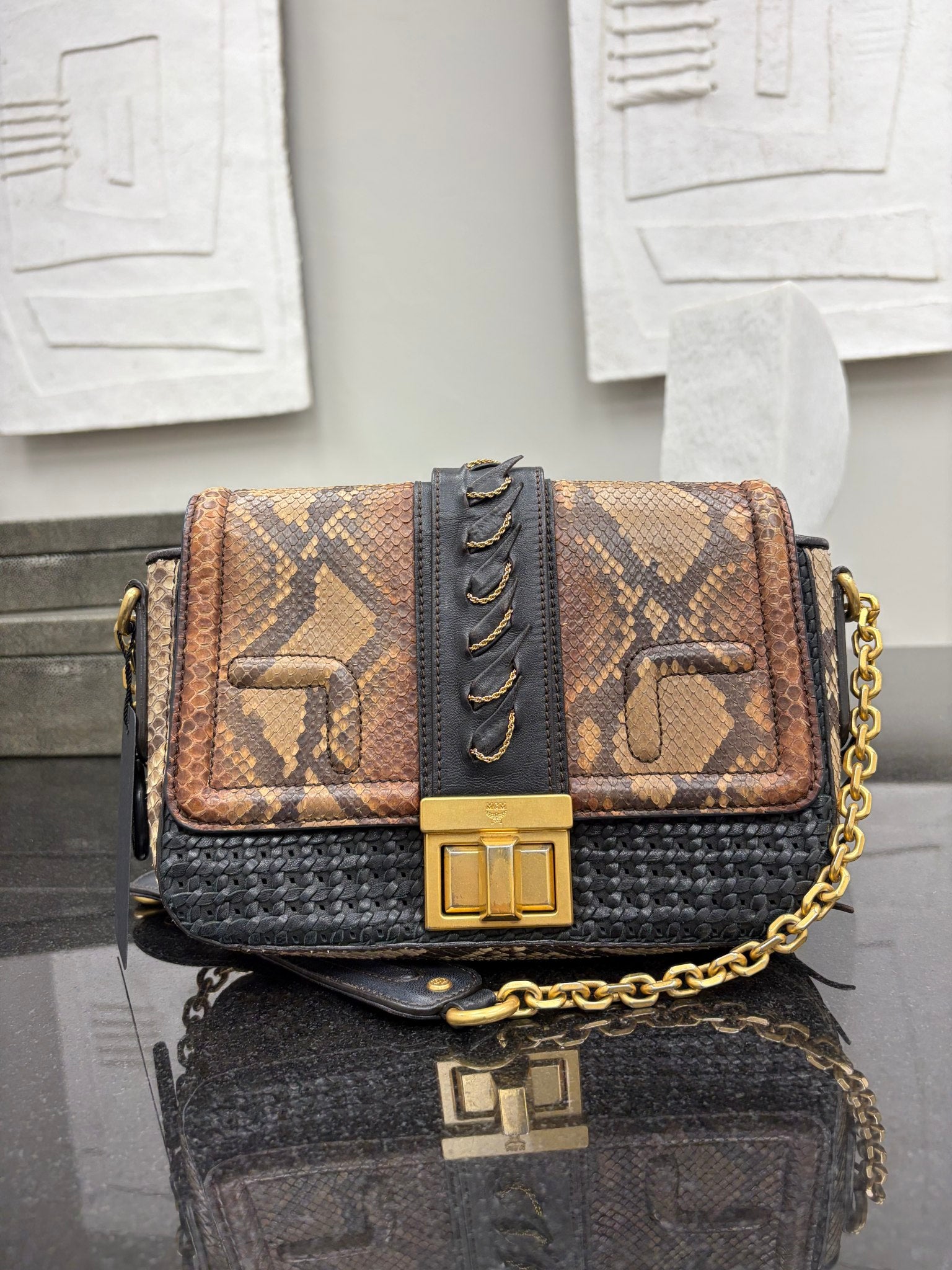MCM Brown & Black Python Embossed Shoulder Bag