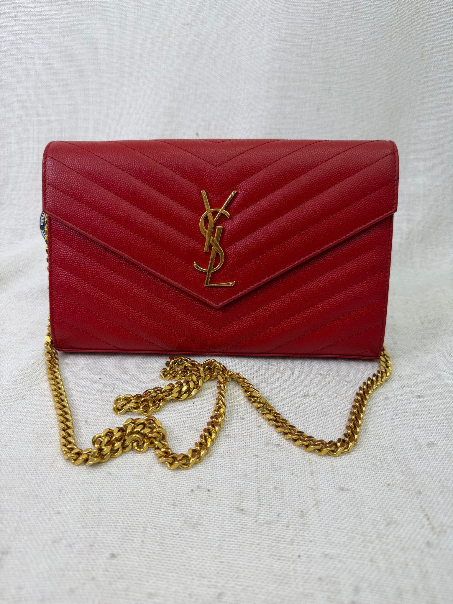 Saint Laurent YSL Red Pebbled Leather Envelope Wallet on a Chain
