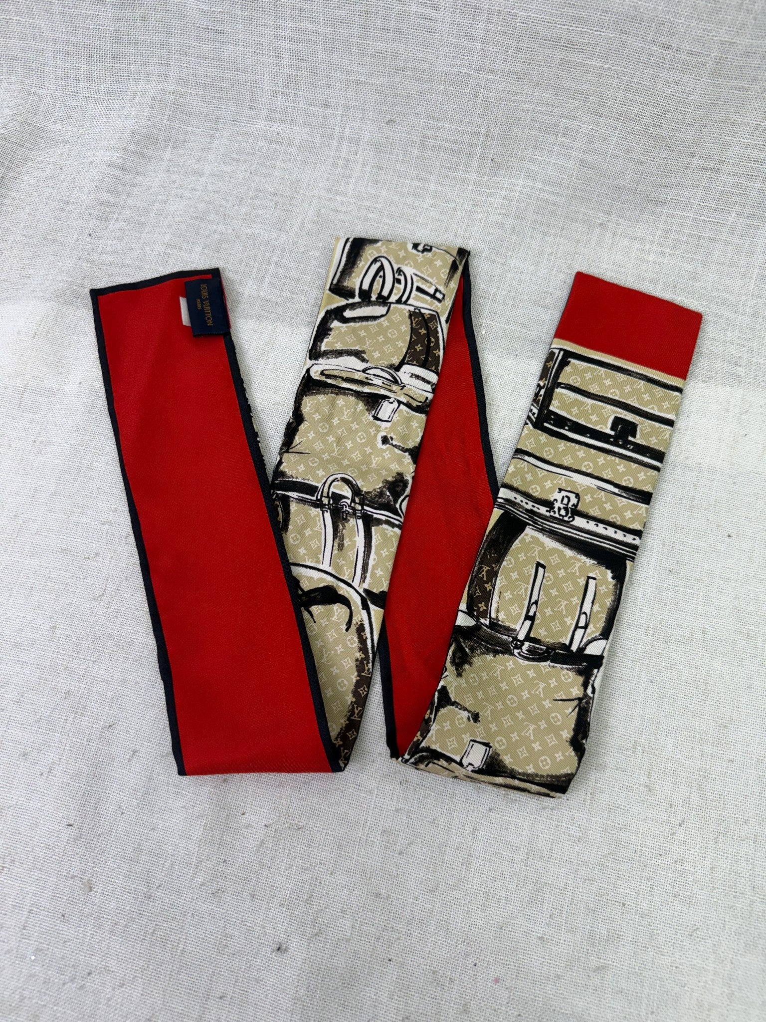 Louis Vuitton Monogram Trunks & Red Silk Twilly 