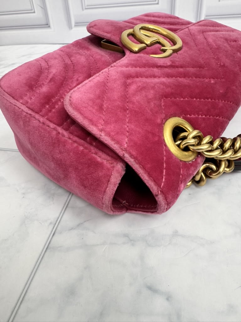 Gucci Pink Velvet Matelasse GG Marmont Chain Shoulder Bag