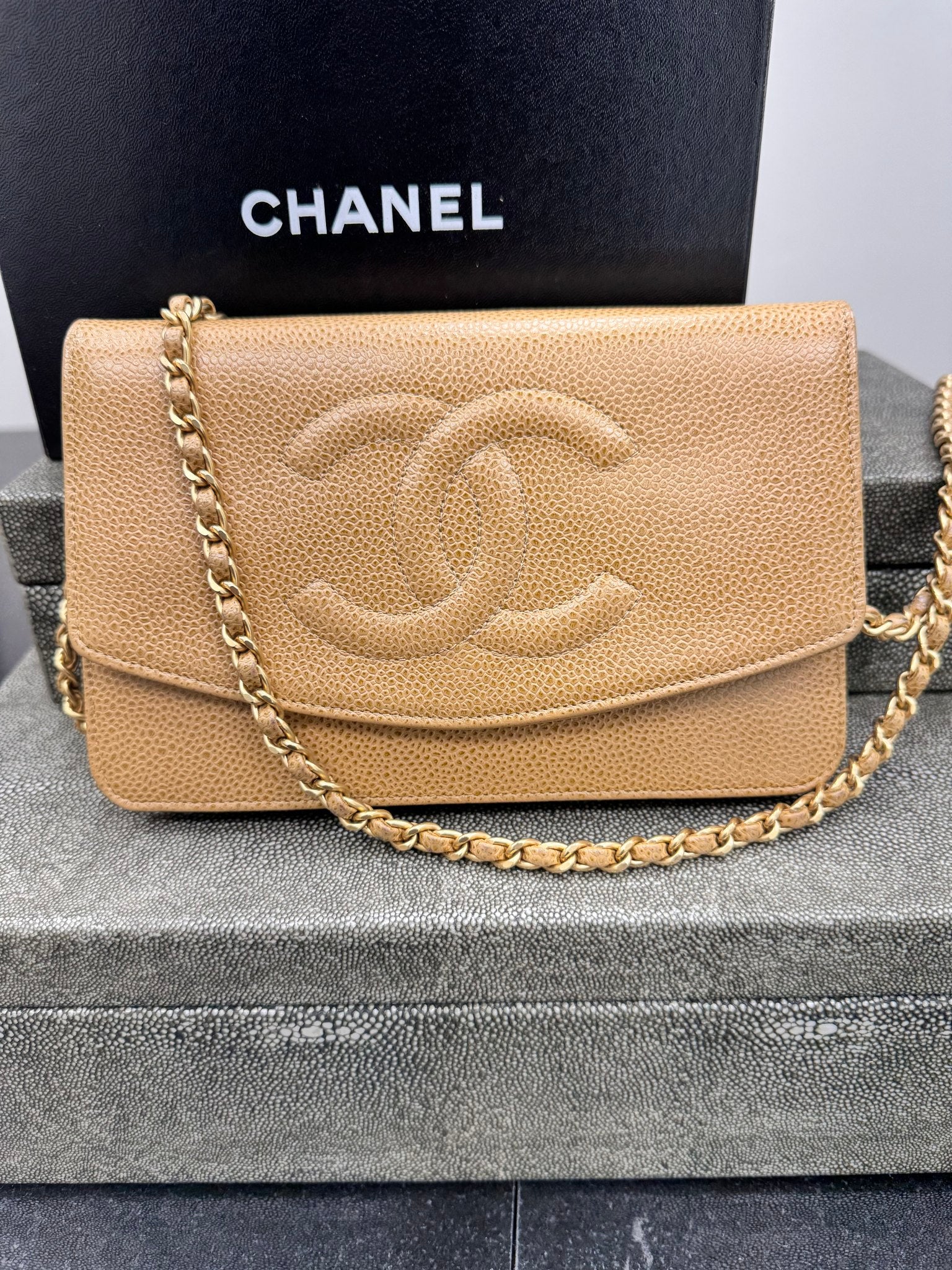 Chanel Tan Caviar Leather Wallet On A Chain