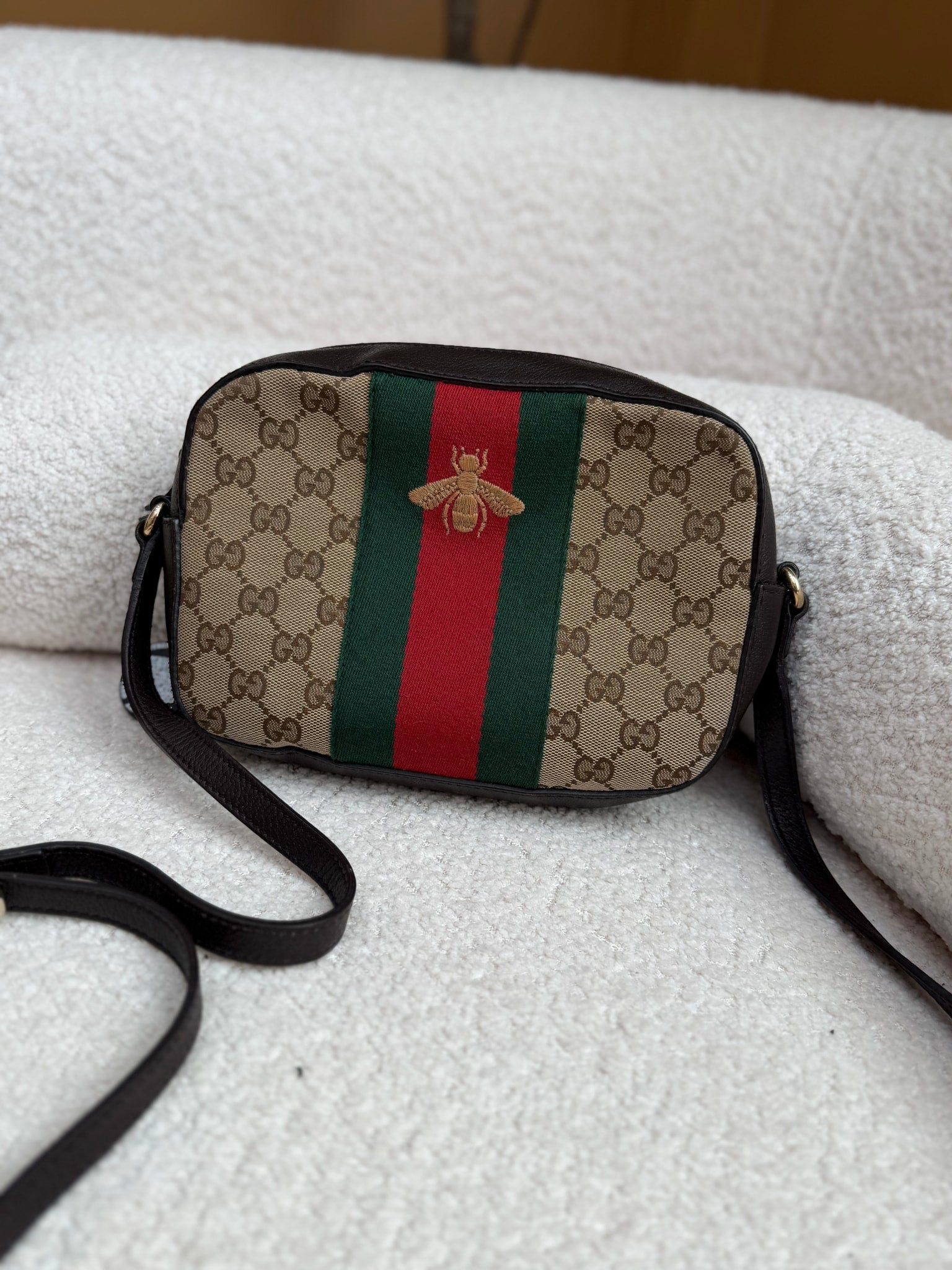 Gucci Brown GG Canvas & Leather Sherry Line Bee Camera Bag