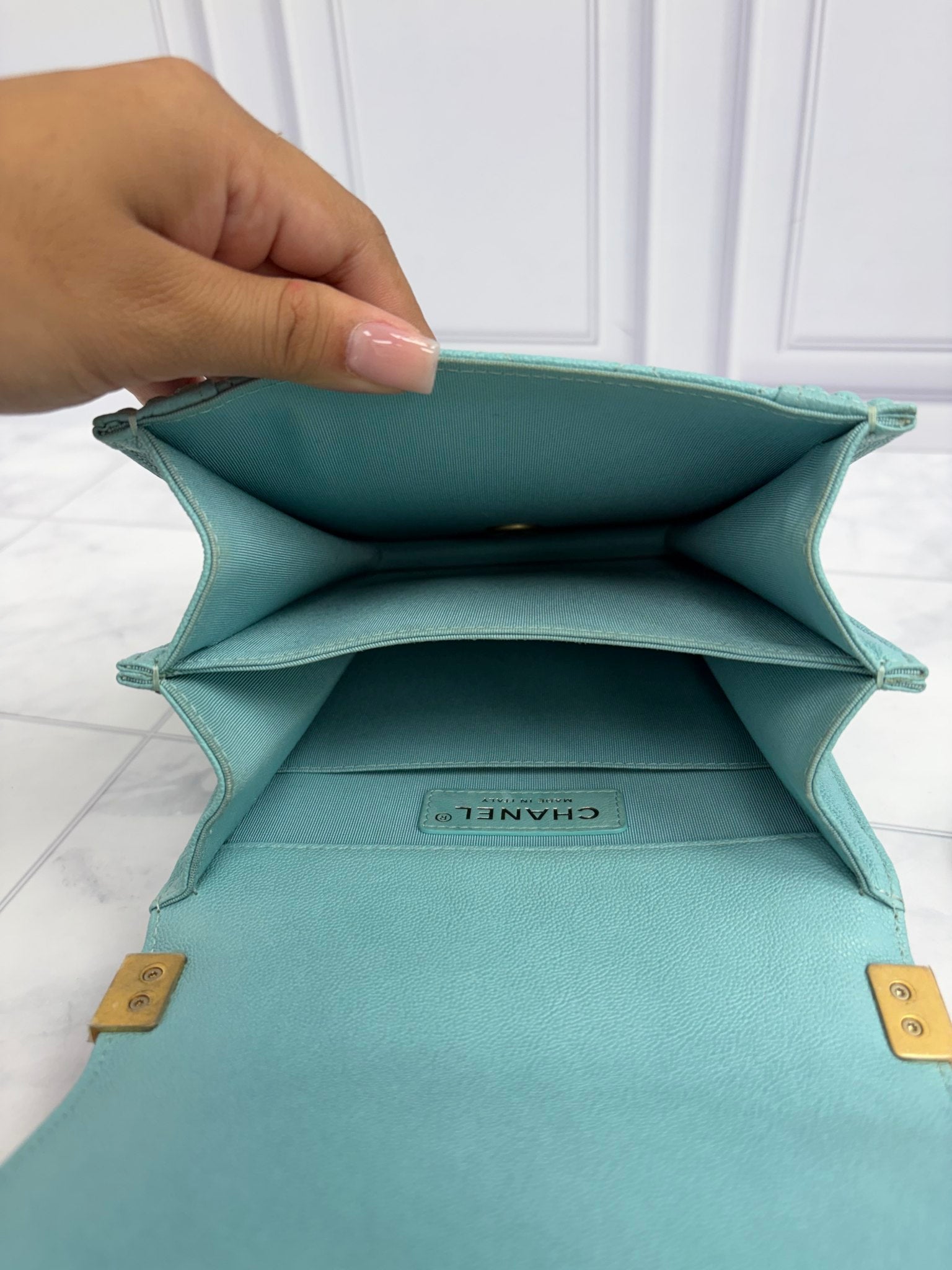 Chanel Light Blue Quilted Caviar Leather North South Boy Bag