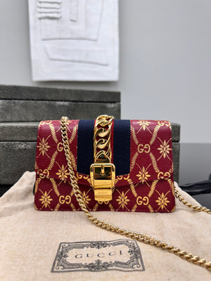 Gucci Red & Gold Printed Leather Web Sylvie Super Mini Crossbody Bag