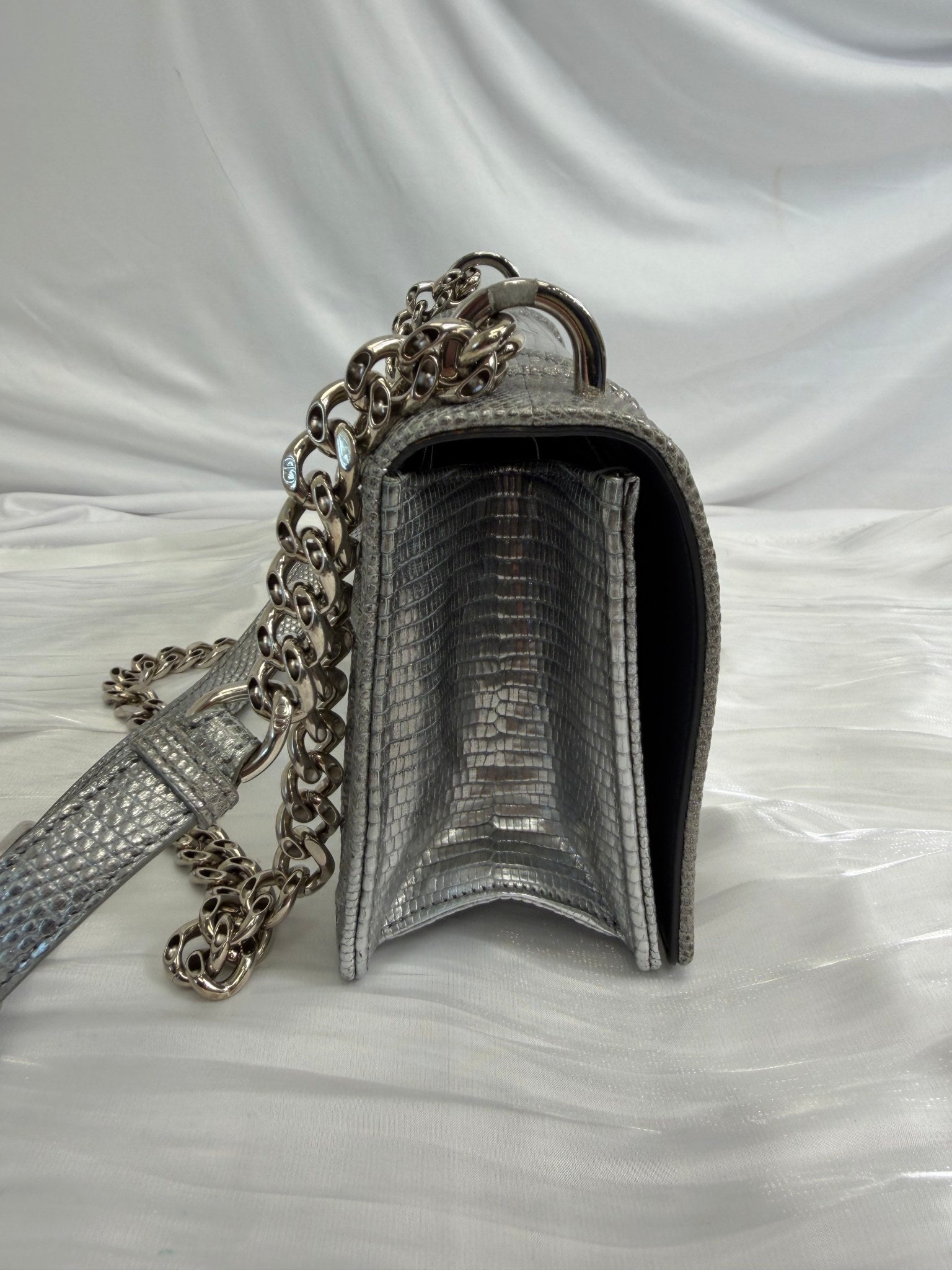 Christian Dior Metallic Silver Lizard Embossed Small Diorama Flap Bag